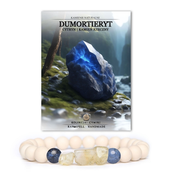 Stylowa bransoletka z kolekcji Cymiri, wykonana z naturalnych kamieni dumortierytu, cytrynu i kamienia rzecznego, idealna dla każdego.