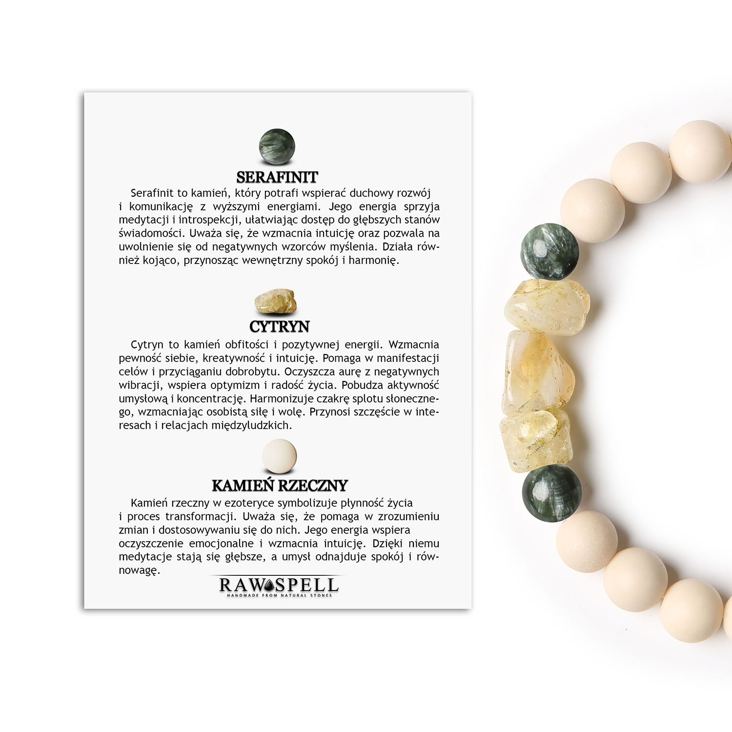 Elegancka bransoletka na gumce z kolekcji Cymiri z serafinitu, cytrynu i kamienia rzecznego, idealna dla wszystkich Stylowa bransoletka z kolekcji Cymiri, wykonana z kamieni naturalnych: serafinitu, cytrynu i kamienia rzecznego, idealna dla kobiet i mężczyzn.