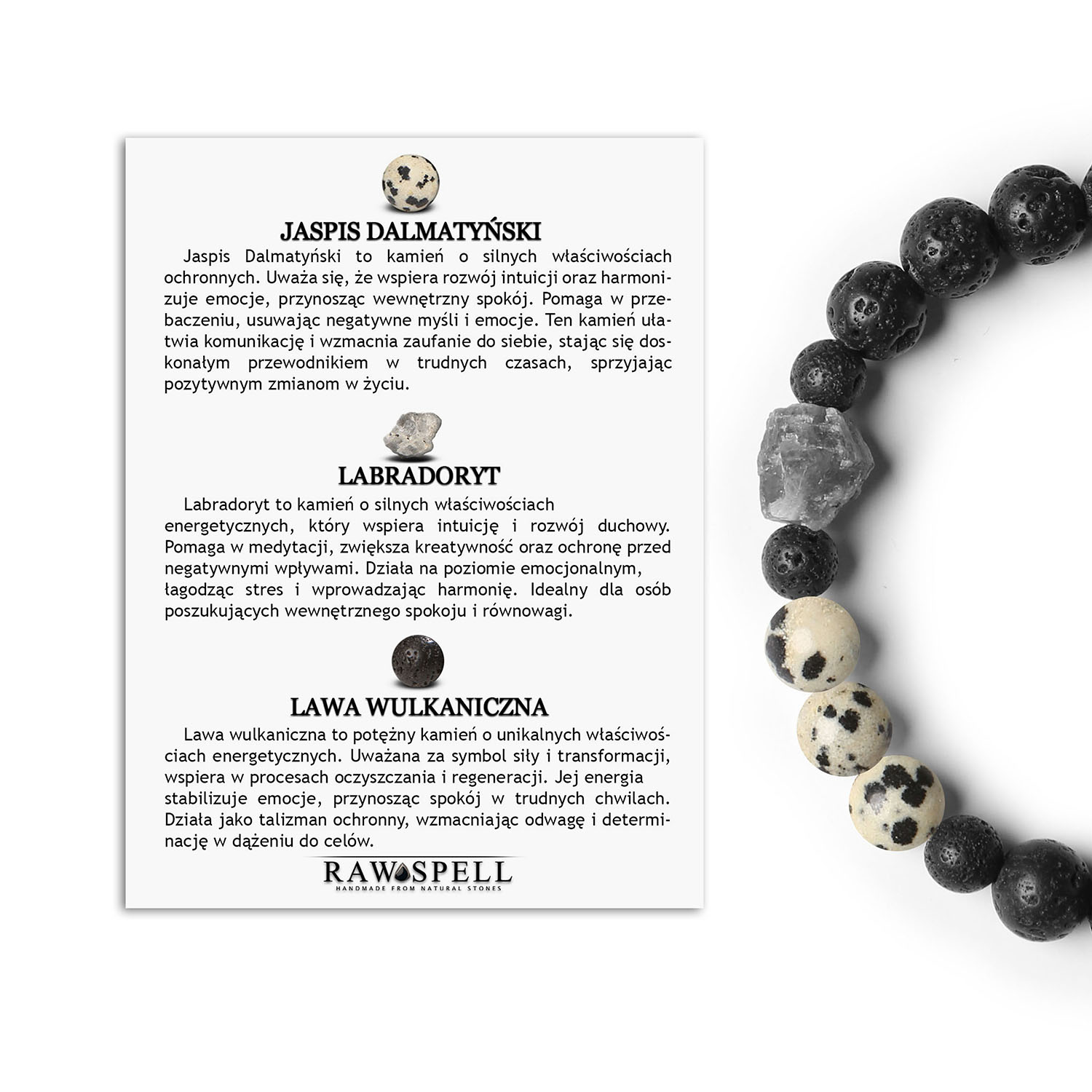 Elegancka bransoletka na gumce z kolekcji Derdr z jaspisem dalmatyńskim, labradorytem i lawą wulkaniczną dla kobiet i mężczyzn Stylowa bransoletka Derdr z kamieniami jaspis dalmatyński, labradoryt i lawa wulkaniczna, idealna dla każdego.