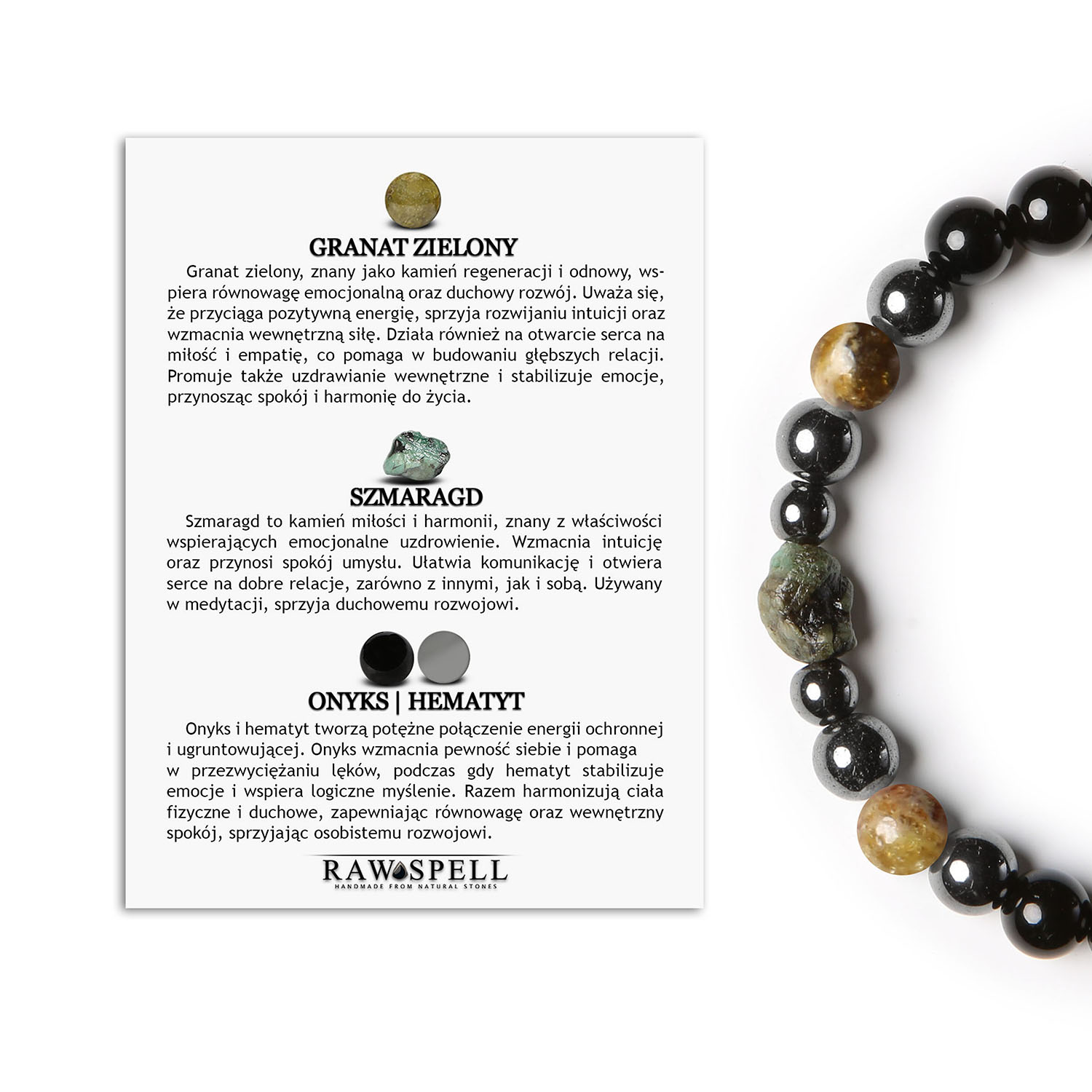 Elegancka bransoletka na gumce z kolekcji Elai, w granacie i zieleni, z dodatkiem szmaragdu, onyksów i hematytu grafitowego, dla kobiet i mężcz Bransoletka z kolekcji Elai to prawdziwy skarb dla każdego. Zawiera w sobie kilka kamieni naturalnych, takich jak granat zielony, szmaragd i onyks, które nie tylko dodają jej piękna, ale i symbolicznego znaczenia. To idealna ozdoba dla kobiet i mężczyzn, którzy cenią sobie wyjątkowość i oryginalność.