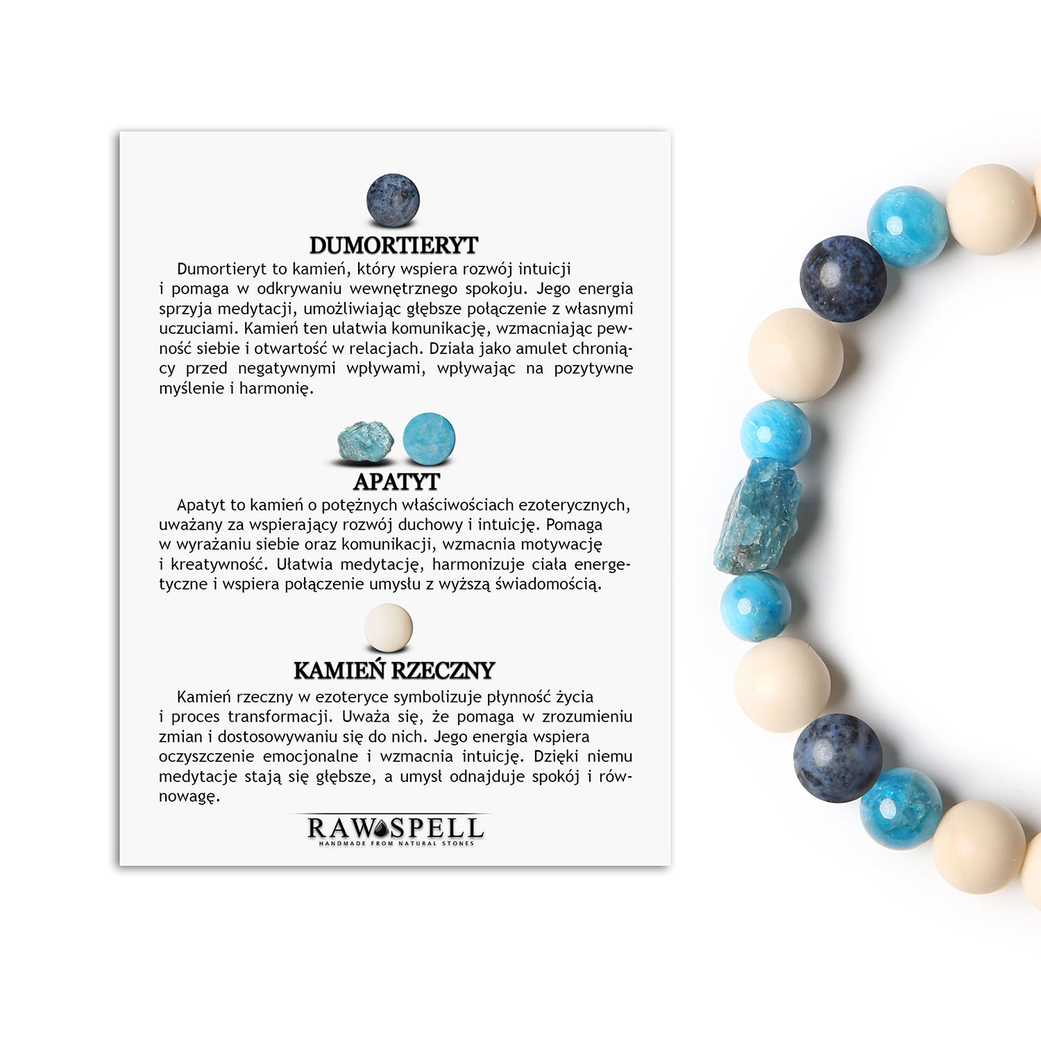 Elegancka bransoletka na gumce z kolekcji Fair, wyposażona w dumortieryt, apatyt i kamień rzeczny dla kobiet i mężczyzn Stylowa bransoletka Fair dla kobiet i mężczyzn, ozdobiona naturalnymi kamieniami: dumortierytem, apatytami i kamieniem rzecznym.