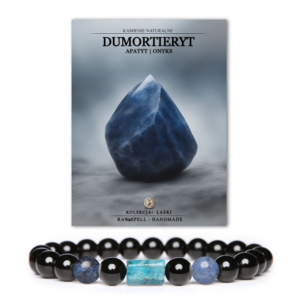 Stylowa bransoletka z kolekcji Laeri, ozdobiona kamieniami naturalnymi - dumortierytem, apatytami i onyksem. Unisex.