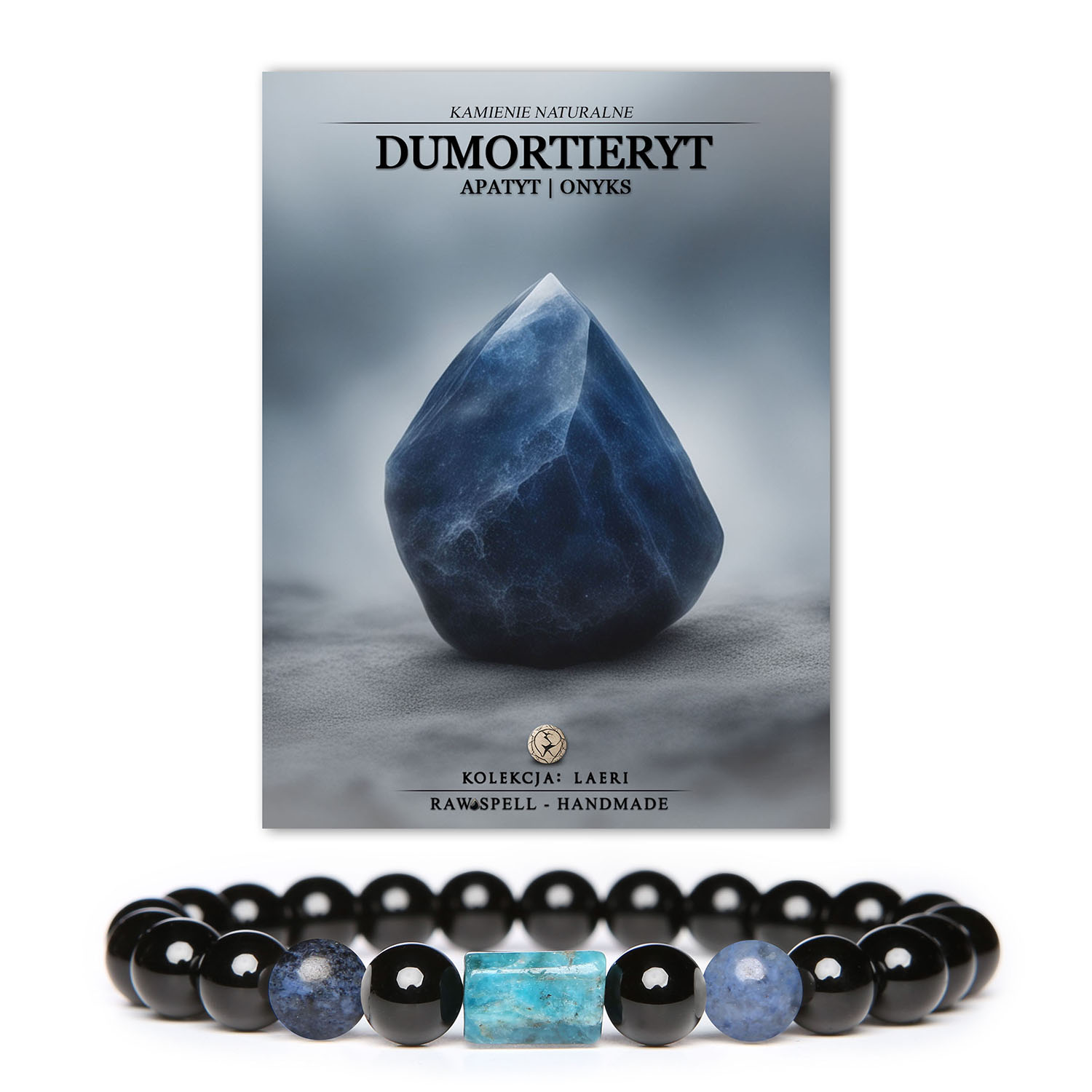 Stylowa bransoletka z kolekcji Laeri, ozdobiona kamieniami naturalnymi - dumortierytem, apatytami i onyksem. Unisex.