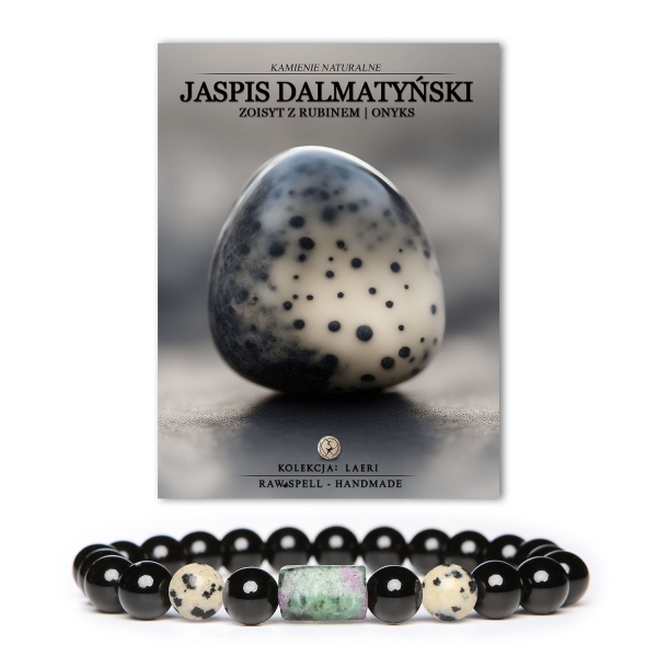 Stylowa bransoletka Laeri z jaspisem dalmatyńskim, zoisytą z rubinem i onyksami, idealna dla kobiet i mężczyzn.