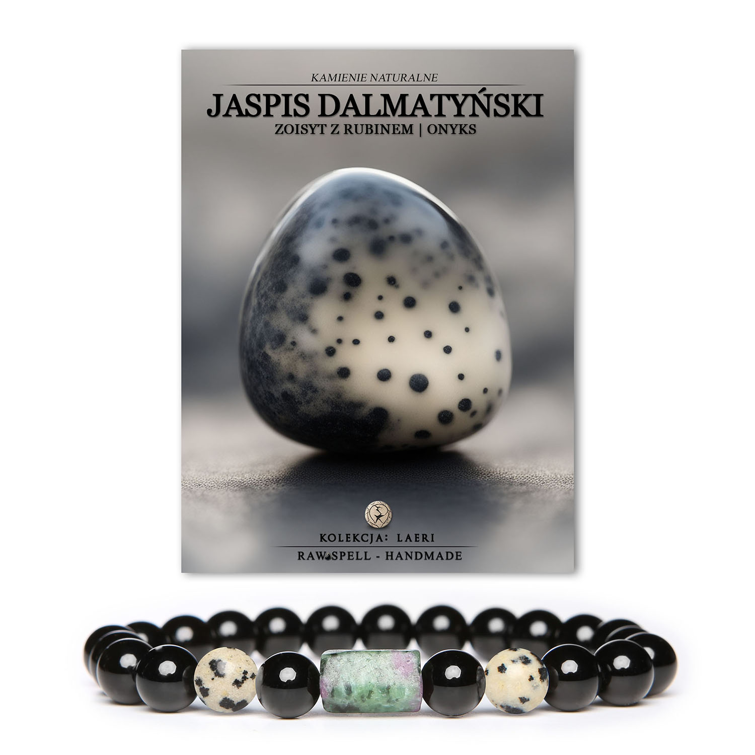 Stylowa bransoletka Laeri z jaspisem dalmatyńskim, zoisytą z rubinem i onyksami, idealna dla kobiet i mężczyzn.