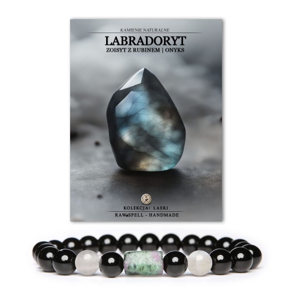 Stylowa bransoletka Laeri na elastycznej gumce, zdobiona kamieniami naturalnymi: labradorytem, zoisystem z rubinem oraz onyksem, idealna dla kobiet i mężczyzn.