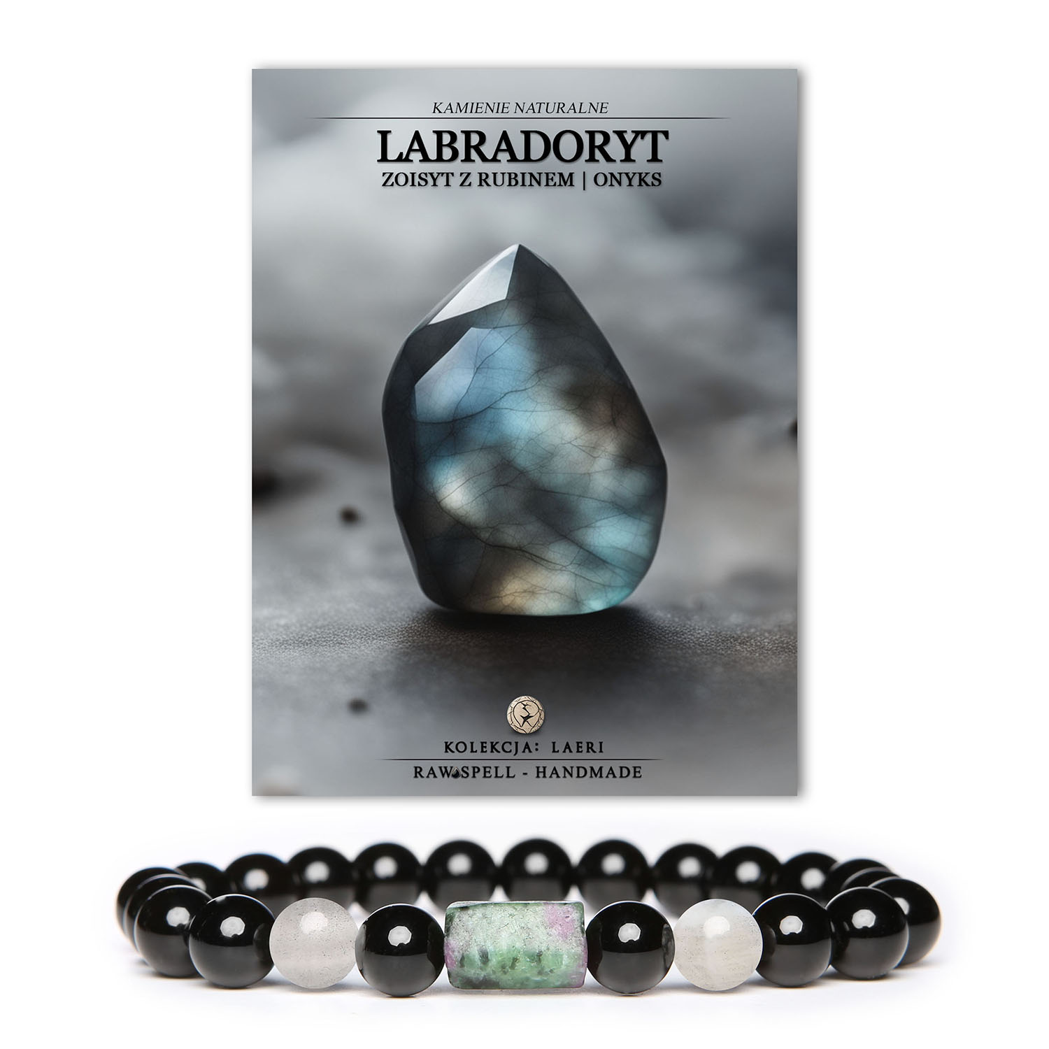 Stylowa bransoletka Laeri na elastycznej gumce, zdobiona kamieniami naturalnymi: labradorytem, zoisystem z rubinem oraz onyksem, idealna dla kobiet i mężczyzn.