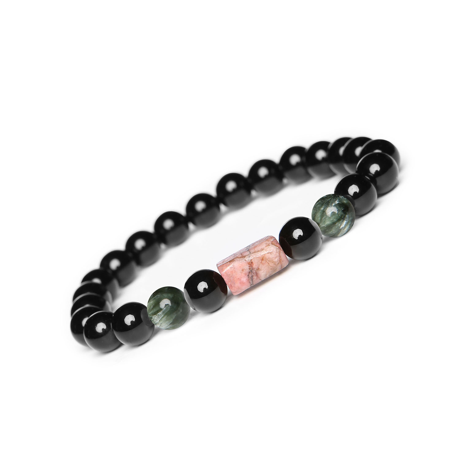 Elegancka bransoletka na gumce z kolekcji Laeri, stworzona z Serafinitu, Rodonitu i Onyksu dla każdego Bransoletka unisex z kolekcji Laeri, ozdobiona kamieniami naturalnymi: serafinit, rodonit i onyx, doskonały dodatek dla każdej osoby.