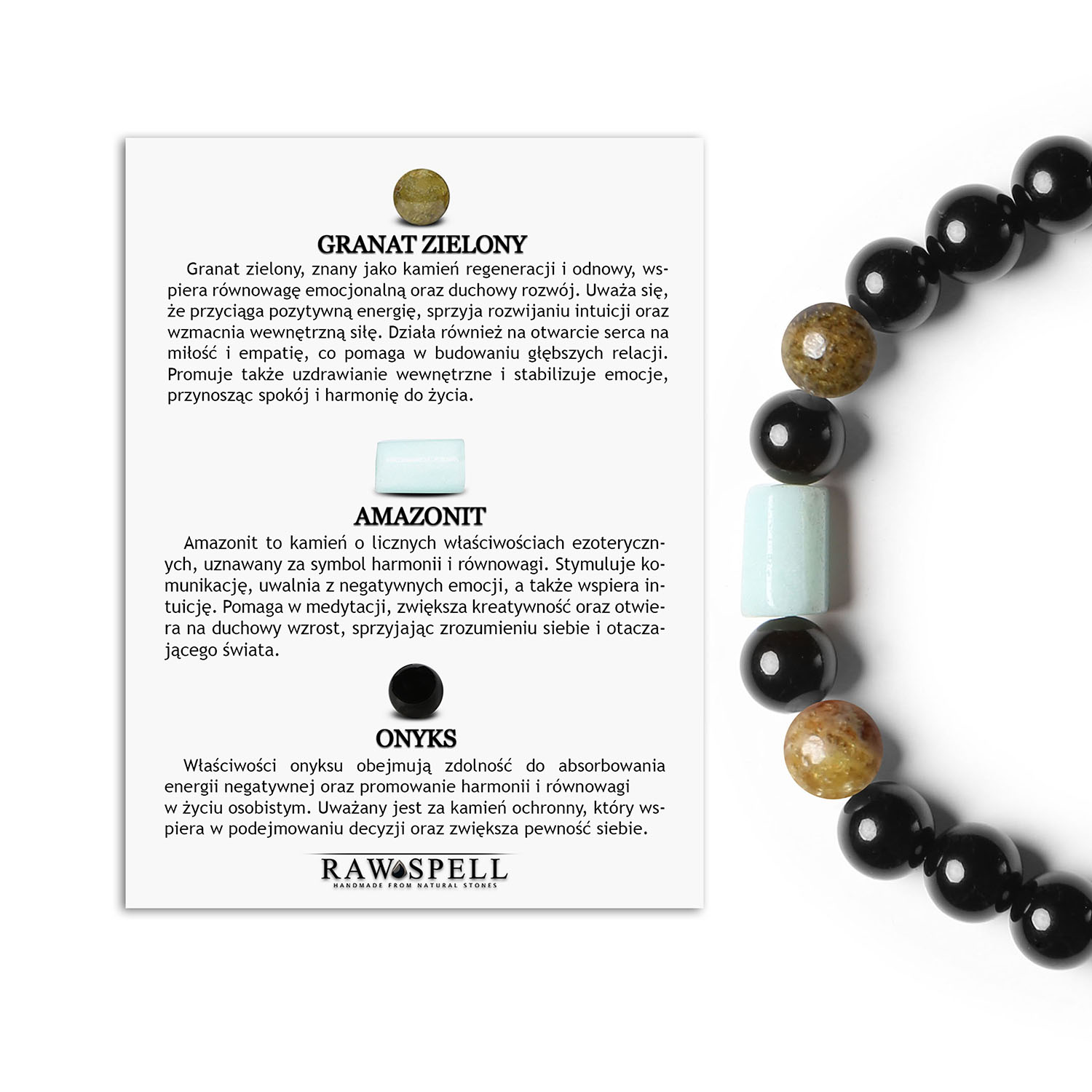 Elegancka bransoletka na gumce z kolekcji Laeri w granatowej i zielonej kolorystyce z amazonitem i onyksami, odpowiednia dla każdego Stylowa bransoletka Laeri z połączeniem zielonego granatu, amazonitu i onyksu - unisex, doskonała na każdą okazję.