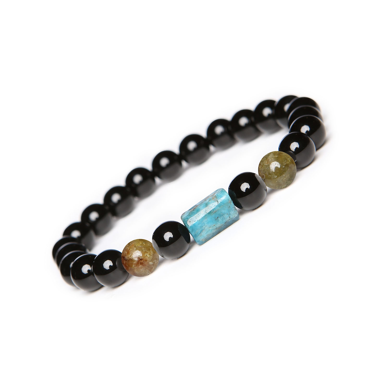 Elegancka bransoletka na gumce z kolekcji Laeri w odcieniu granatu zielonego, z dodatkiem apatytu i onyksu, dla każdego Stylowa bransoletka z kolekcji Laeri, wykonana z zielonego granatu, apatytu i onyksu, uniwersalna dla każdego.