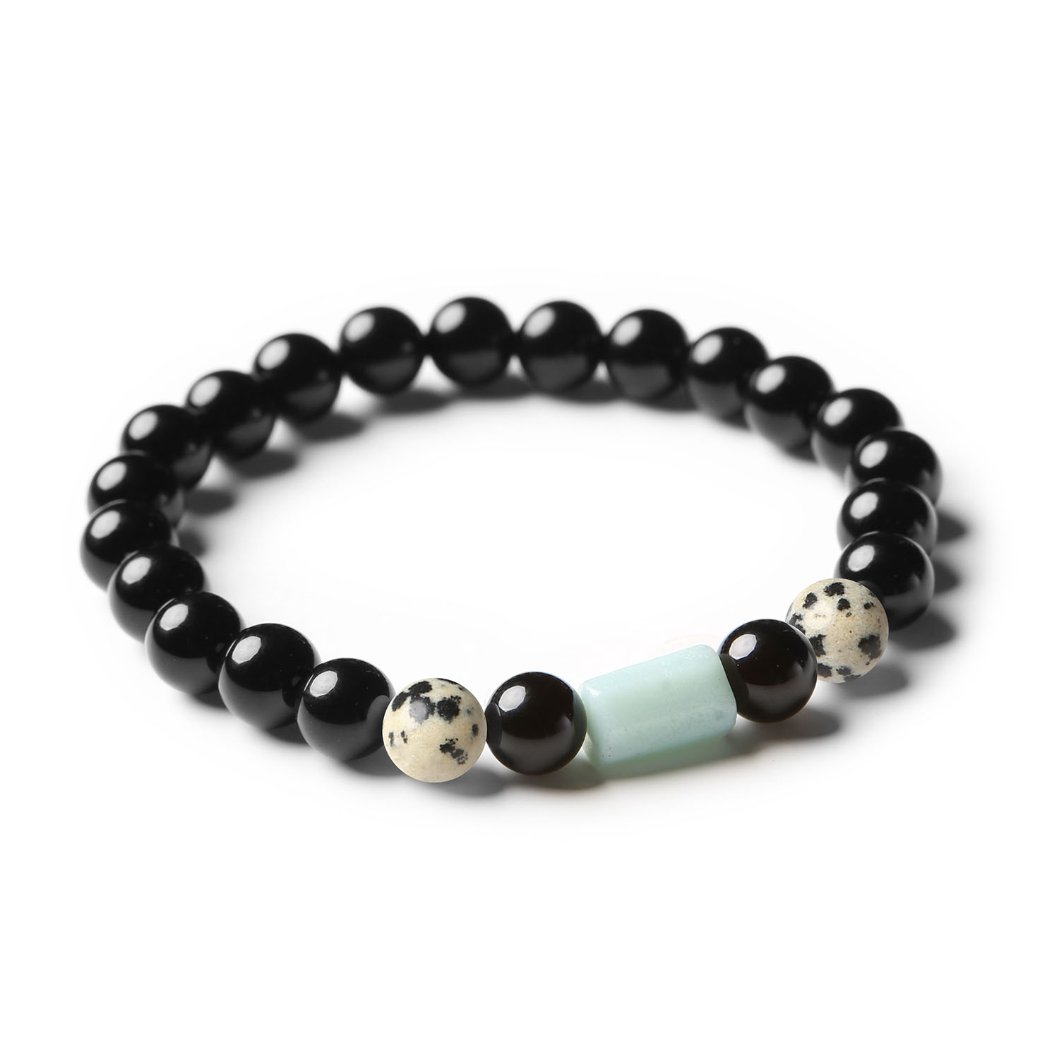 Stylowa bransoletka Laeri z naturalnym Jaspisem Dalmatyńskim, Amazonitem i Onyksem, przeznaczona dla kobiet i mężczyzn.