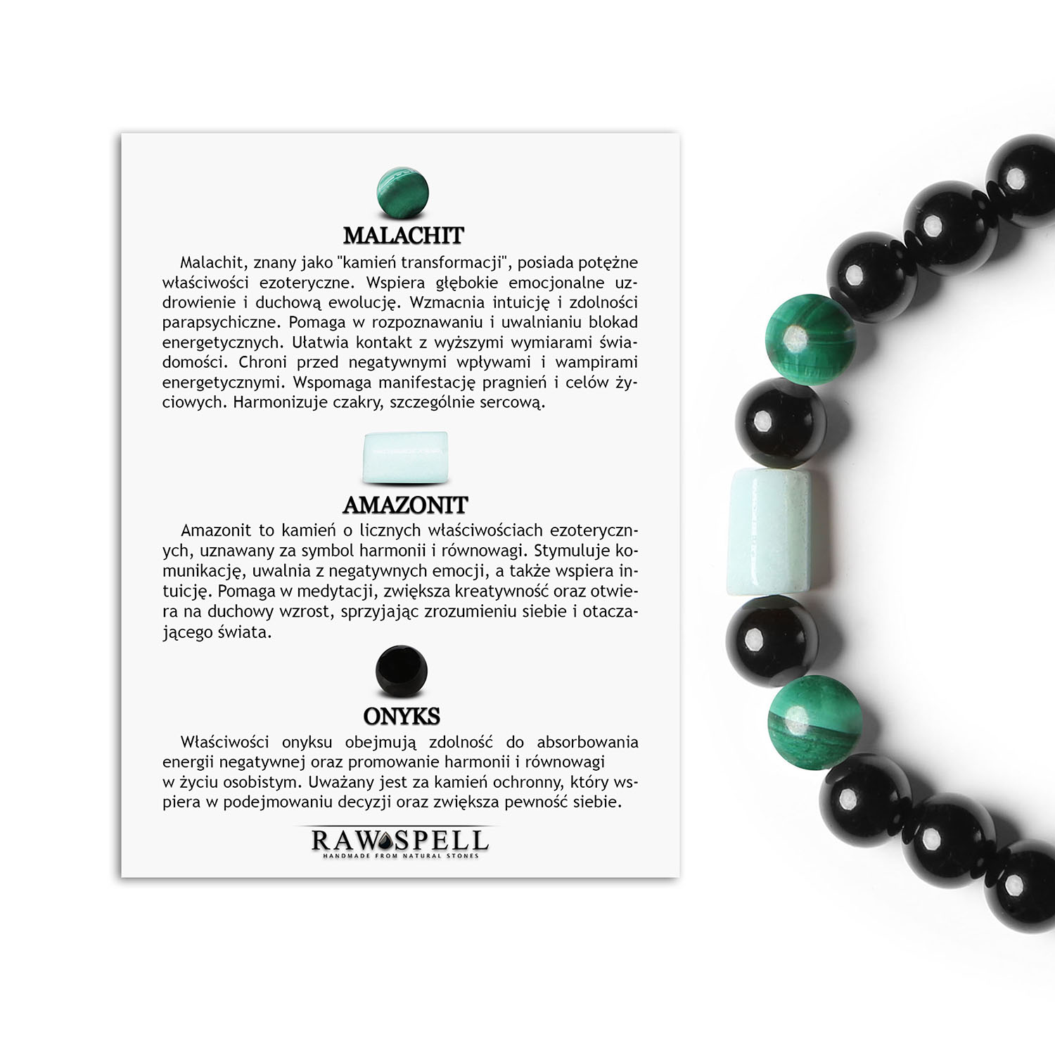 Elegancka bransoletka na gumce z kolekcji Laeri z malachitem, amazonitem i onyksem dla kobiet i mężczyzn Stylowa bransoletka Laeri z naturalnymi kamieniami: malachit, amazonit i onyks, dedykowana zarówno kobietom, jak i mężczyznom.