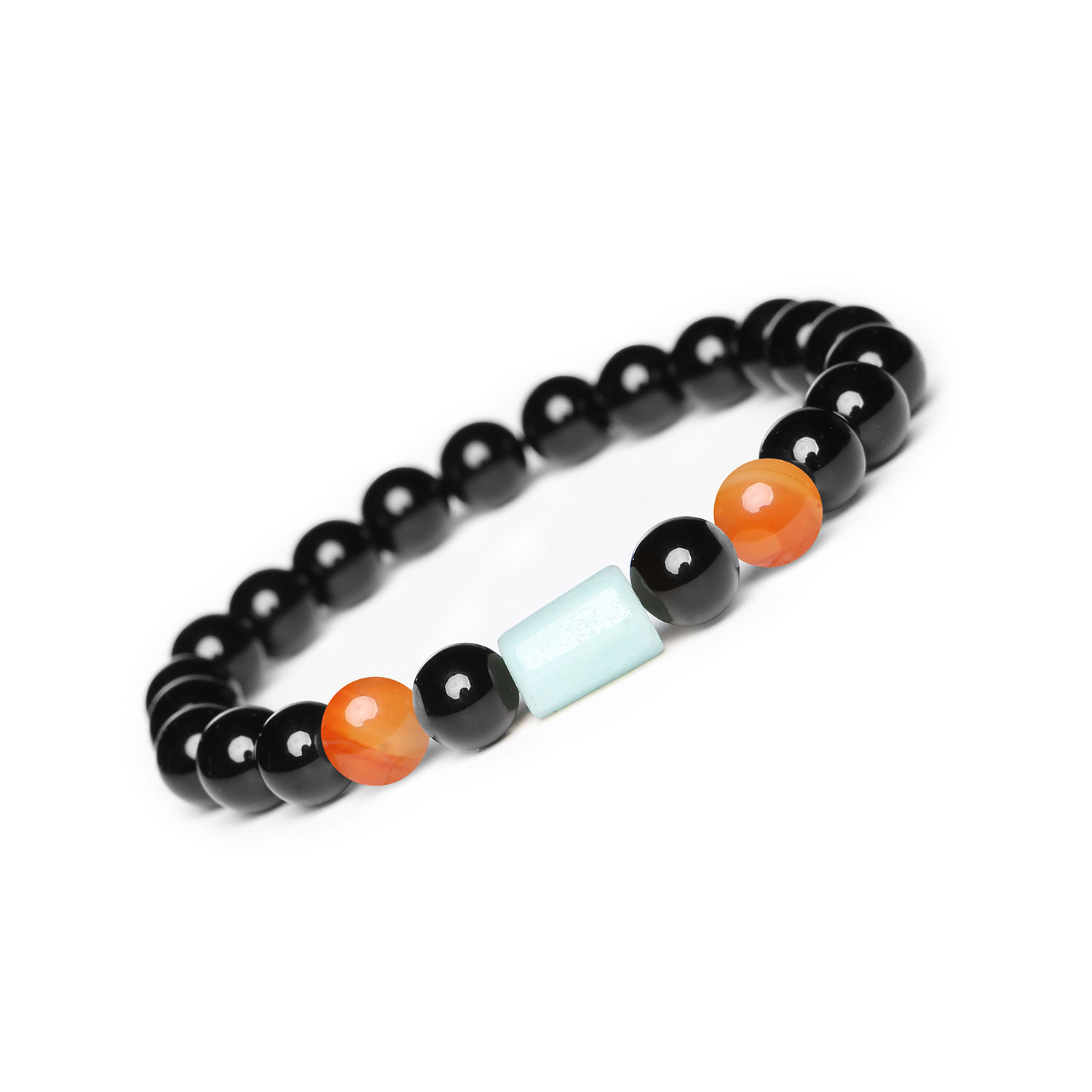 Elegancka bransoletka na gumce z kolekcji Laeri – karneol, amazonit i onyks, idealna dla kobiet i mężczyzn Bransoletka Laeri z karneolem, amazonitem i onyksem, dedykowana kobietom i mężczyznom, łącząca elegancję z naturą.