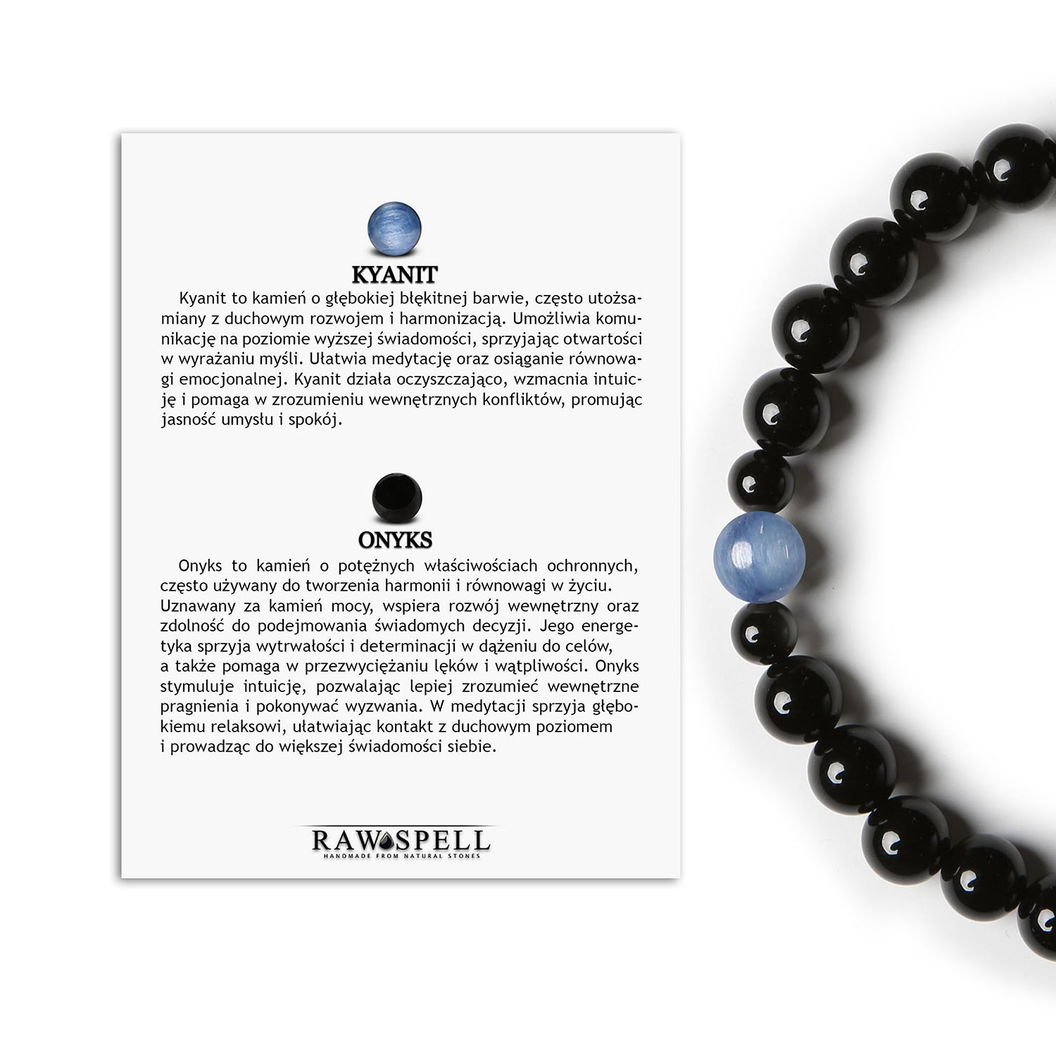 Elegancka bransoletka na gumce z kyanitem i onyksu z kolekcji Binthe dla każdego Elegancka bransoletka Binthe, wykonana z kamieni naturalnych kyanitu i onyksu, pasująca zarówno dla kobiet, jak i mężczyzn.