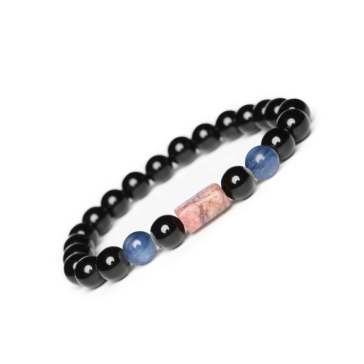 Elegancka bransoletka na gumce z kyanitem, rodonitem i onyksem z kolekcji Laeri dla każdego Stylowa bransoletka z kolekcji Laeri, zdobiona kyanitem, rodonitem i onyksem, doskonała dla każdego.