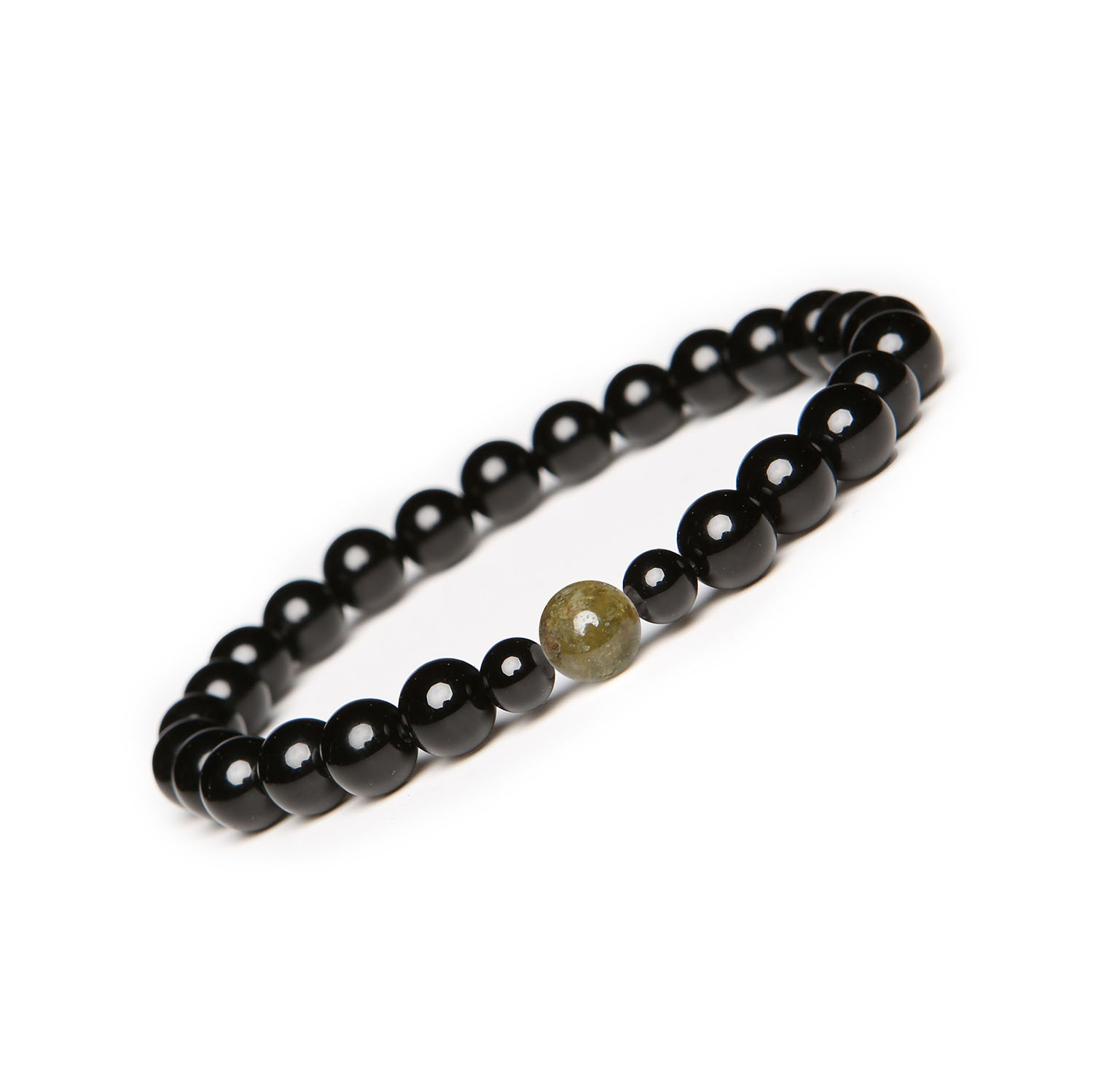 Elegancka bransoletka na gumce z onyksu w odcieniach granatu i zieleni, idealna dla kobiet i mężczyzn Elegancka bransoletka Binthe z naturalnym granatem zielonym i onyksami, uniwersalna dla kobiet i mężczyzn.