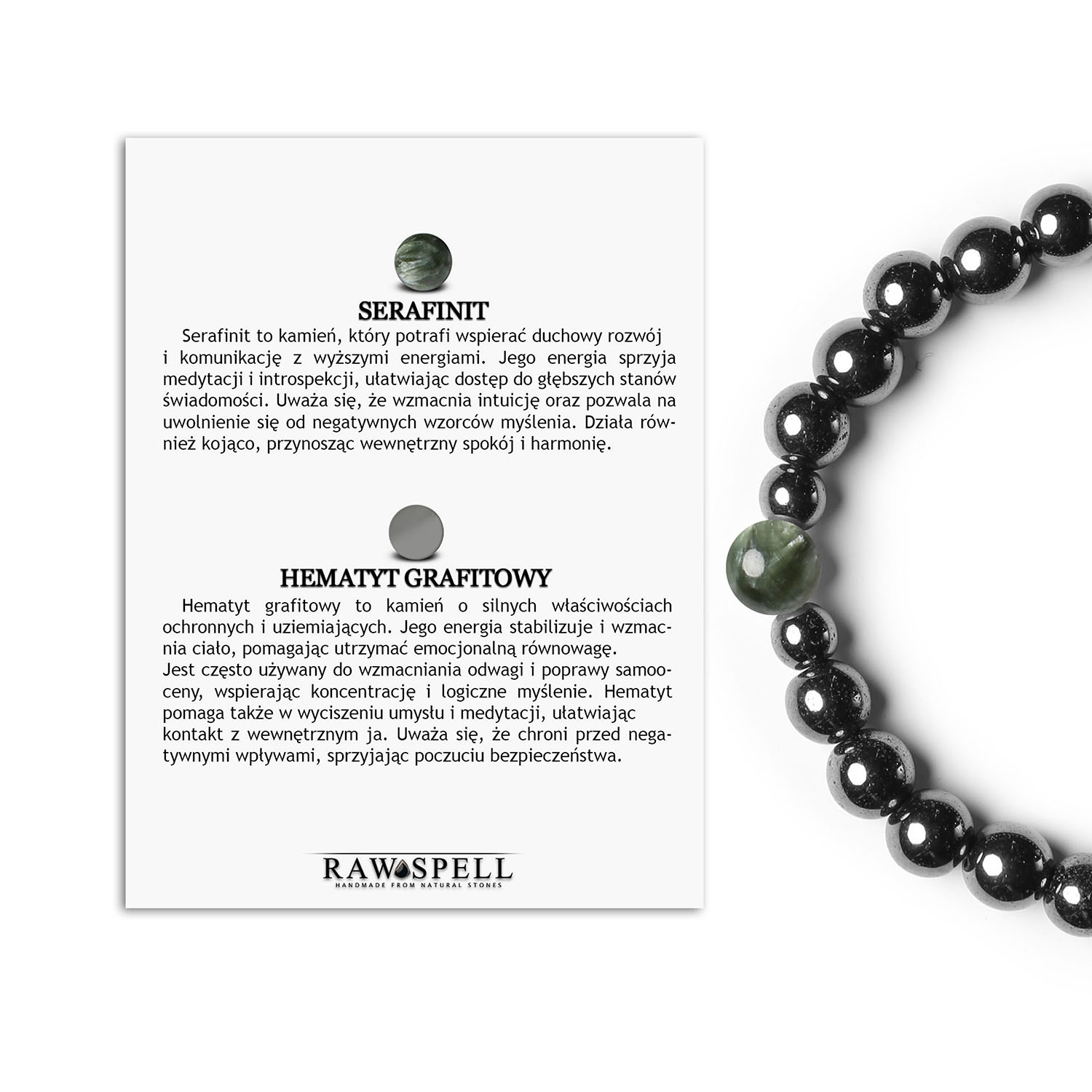 Elegancka bransoletka na gumce z serafinitu i hematytu grafitowego, idealna dla kobiet i mężczyzn Stylowa bransoletka Binthe z serafinitu i hematytu grafitowego, dedykowana dla kobiet oraz mężczyzn.