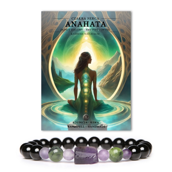 Bransoletka z zielonego jadeitu i naturalnych kamieni, symbolizująca czakrę serca Anahata. Kolekcja Kema łącząca harmonię i styl.