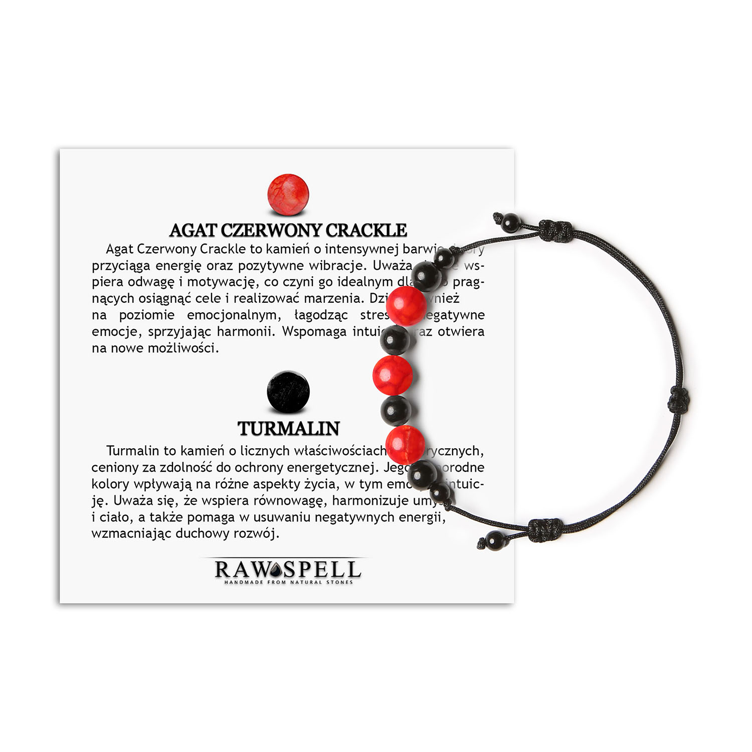 Elegancka bransoletka na sznurku Haka z czerwonym agatowym crackle i turmalinem, dla kobiet i mężczyzn Stylowa bransoletka Haka z czerwonym agatem crackle i turmalinem, doskonała dla obu płci.