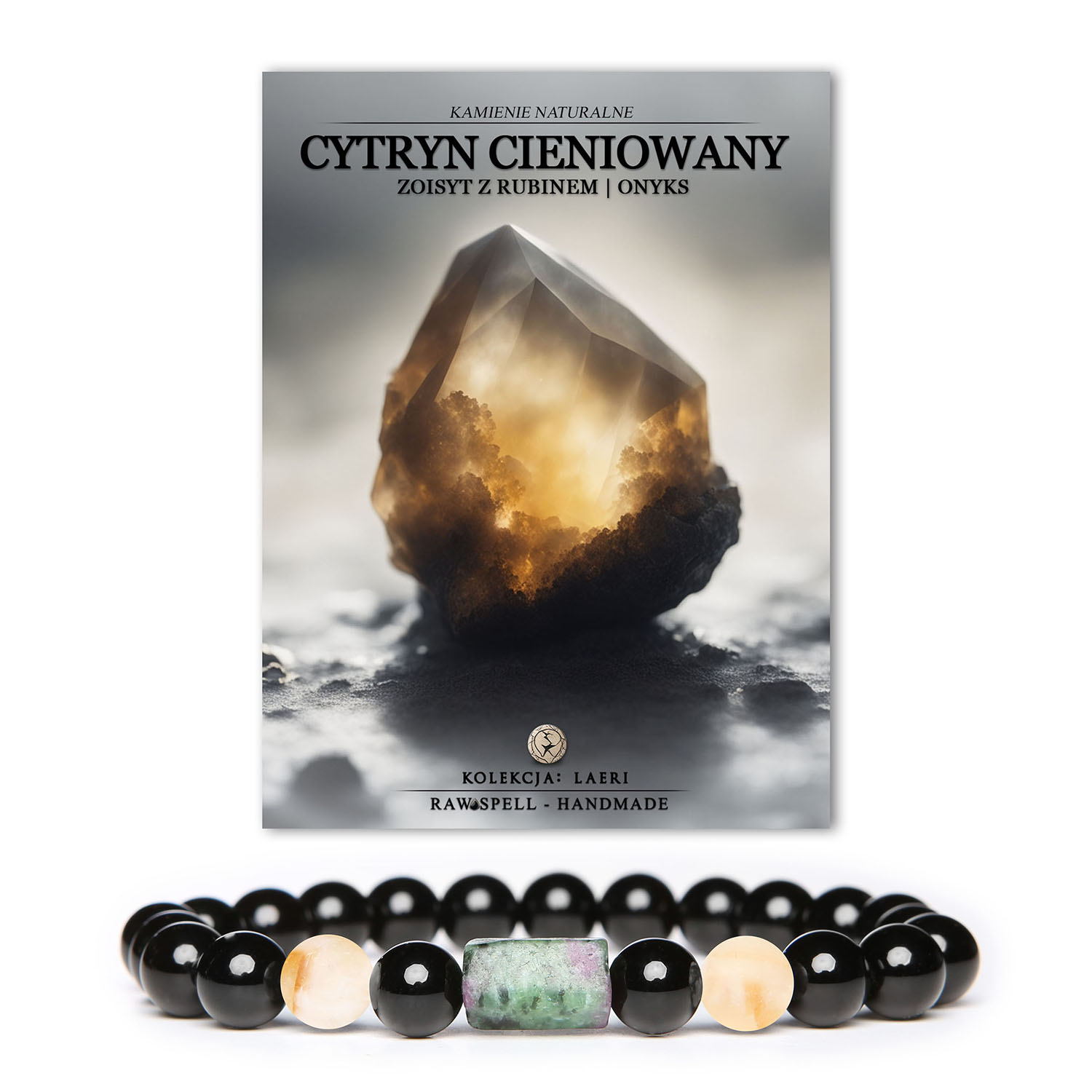 Elegancka bransoletka z kolekcji Laeri, złożona z cieniowanego cytrynu, zoisytu z rubinem i onyksu, dla stylowych kobiet i mężczyzn.