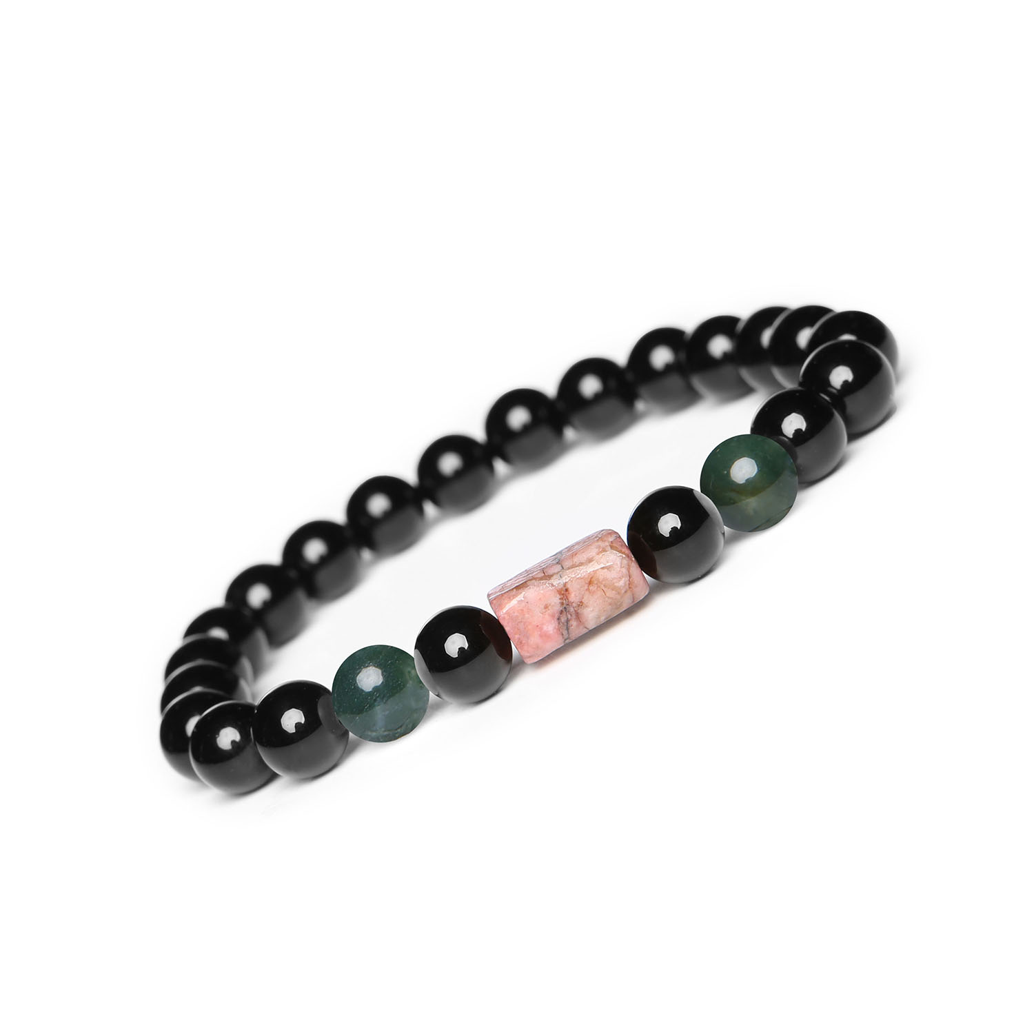 Elegancka bransoletka na sznurku Laeri z agatami, rodonitem oraz onyksem, idealna dla kobiet i mężczyzn Elegancka bransoletka z kolekcji Laeri, składająca się z agatów mszystych, różowego rodonitu i onyksu, idealna dla każdego.