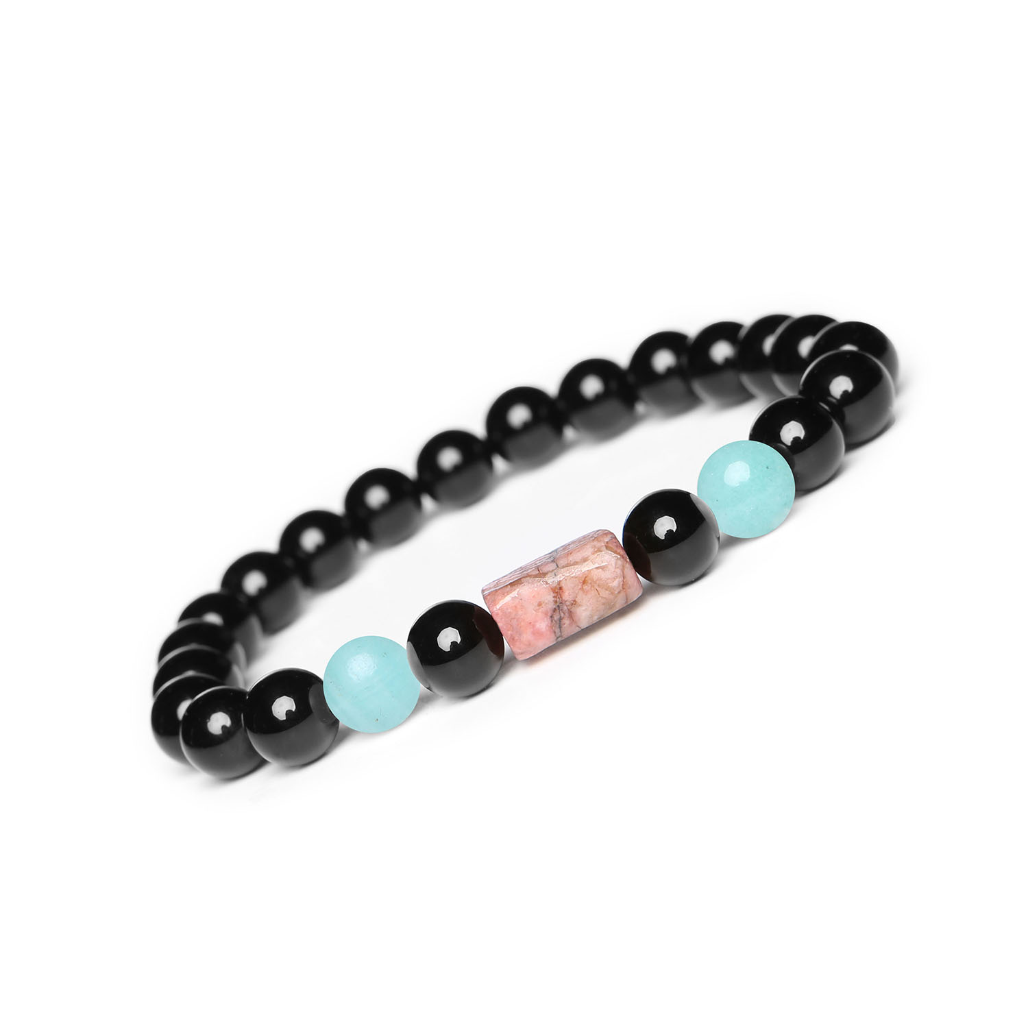 Elegancka bransoletka na sznurku Laeri z jasnym amazonitem, różowym rodonitem i onyksem dla każdej płci Bransoletka z kolekcji Laeri - piękne kamienie naturalne, Amazonit Jasny, Rodonit w kolorze różowym i Onyks - idealny dodatek dla każdego, kto kocha piękno kamieni.