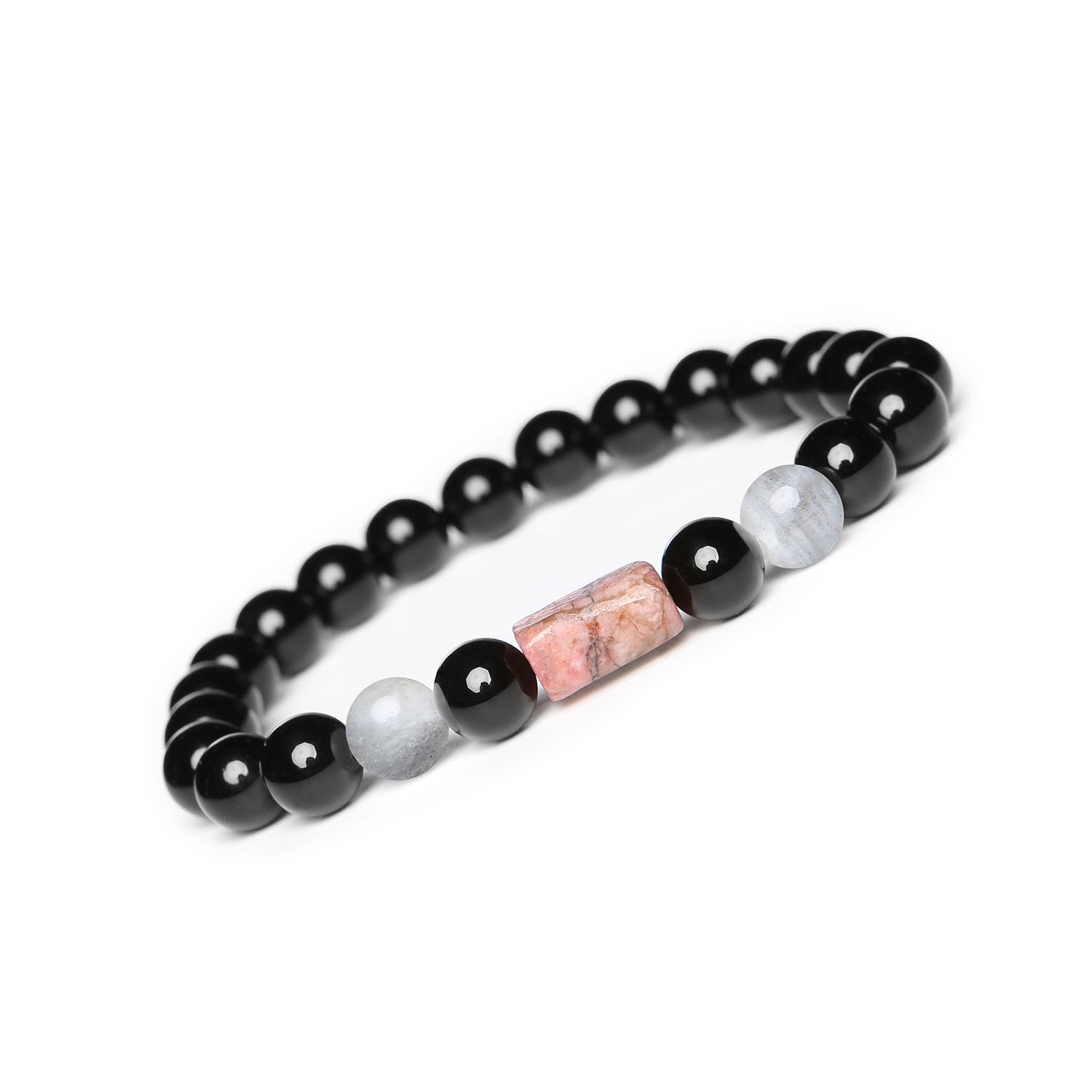 Elegancka bransoletka na sznurku Laeri z labradorytem, różowym rodonitem oraz onyksem, stworzona dla kobiet i mężczyzn Kolekcja Laeri - wyjątkowe bransoletki z kamieniami naturalnymi. Labradoryt, rodonit i onyks - idealne dla kogóż.