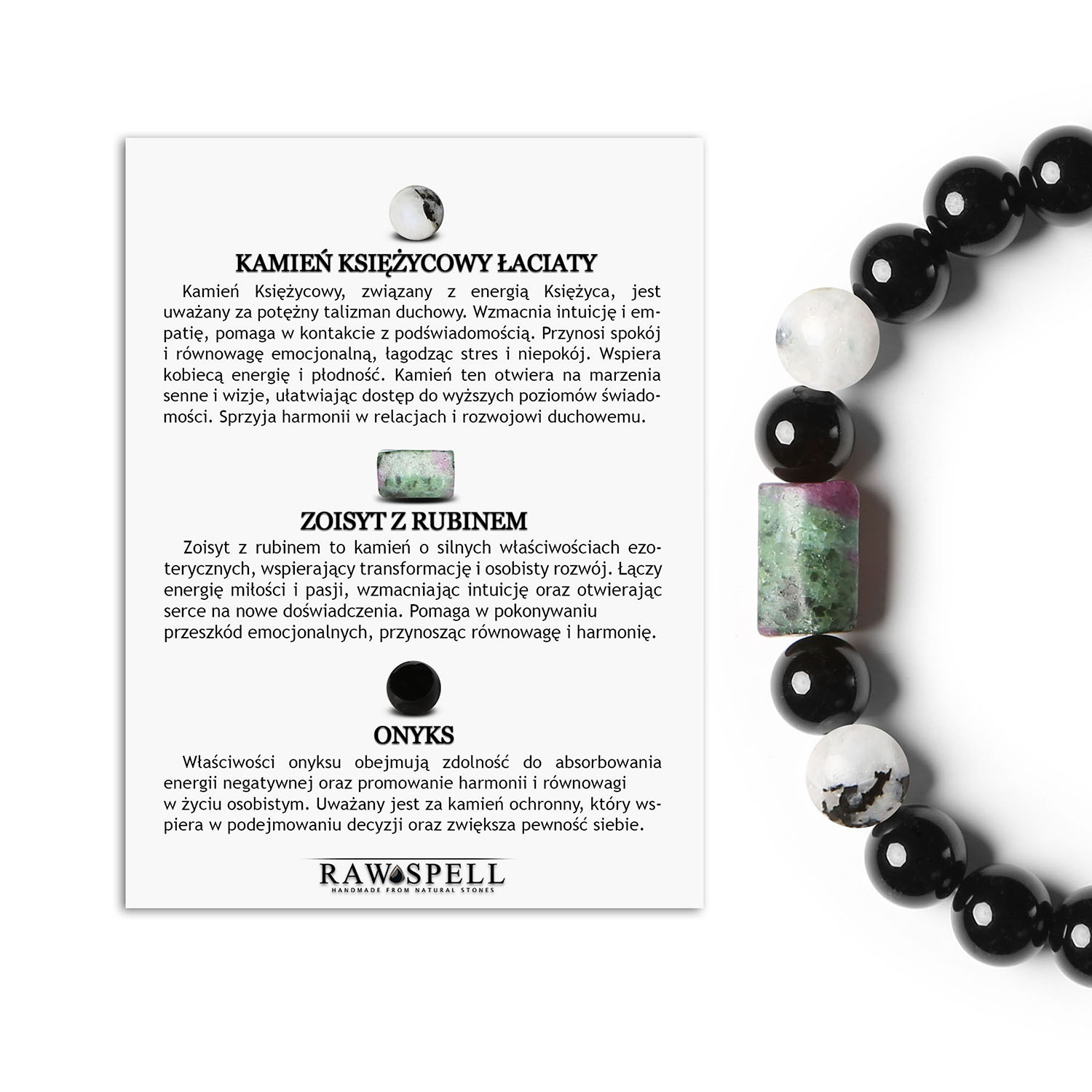 Elegancka bransoletka na sznurku z Kamieniem Księżycowym Łaciatym i Zoisytami z Rubinem oraz Onyksem dla kobiet i Unikalna bransoletka: Bransoletka z kolekcji Laeri, gdzie trzy wspaniałe kamienie naturalne - Kamienie Księżycowy Łaciaty, Zoisyt z Rubinem i Onyks - są łączone w nietypową, ale niezwykle efektowną całość. Bransoletka jest prawdziwym posagiem dla tego, kto doceni piękno naturalne