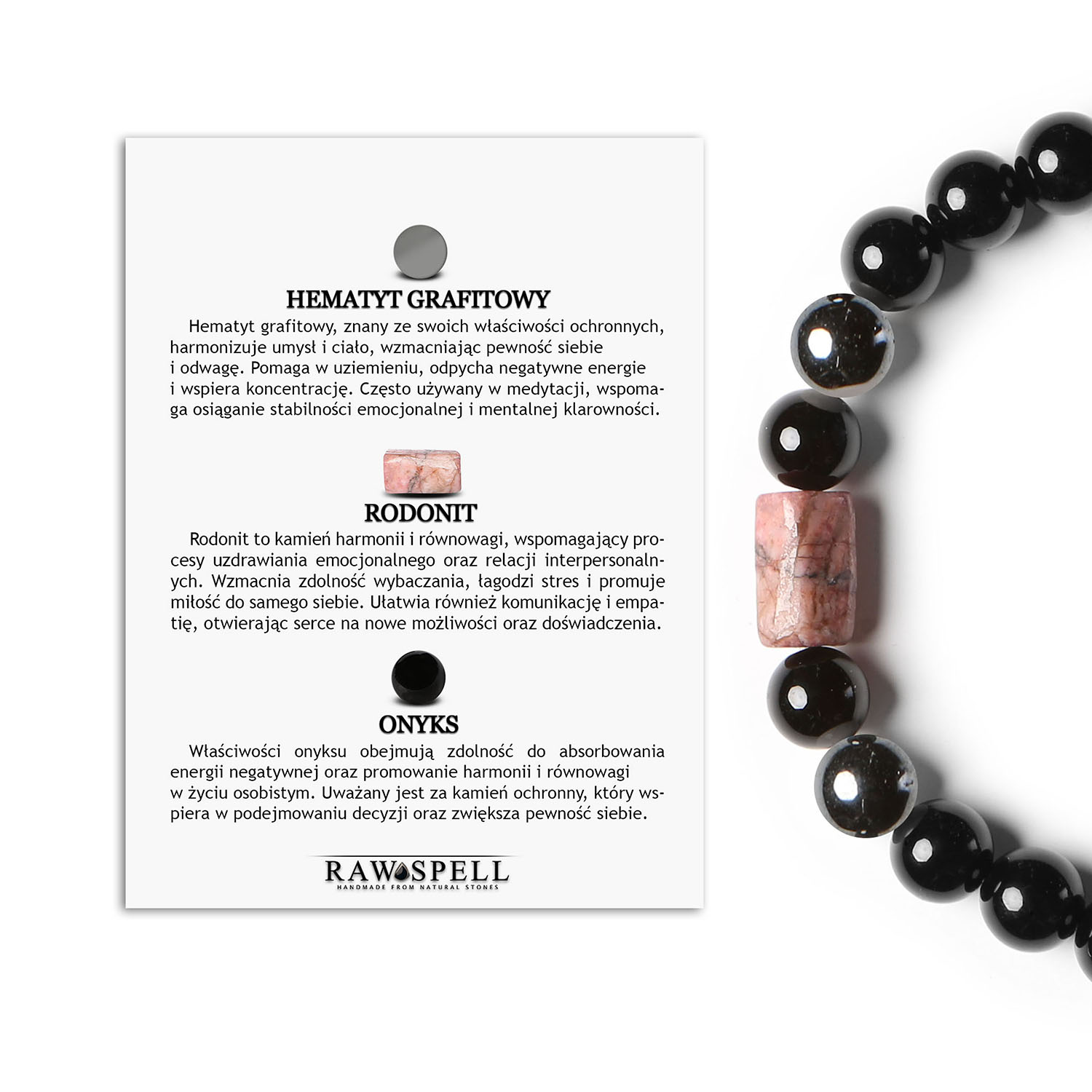 Elegancka bransoletka na sznurku z hematytem grafitowym, rodonitem i onyksami dla kobiet i mężczyzn Bransoletka Laeri z hematytem grafitowym, rodonitem w odcieniu różowym i onyksami - modny wybór dla kobiet i mężczyzn.