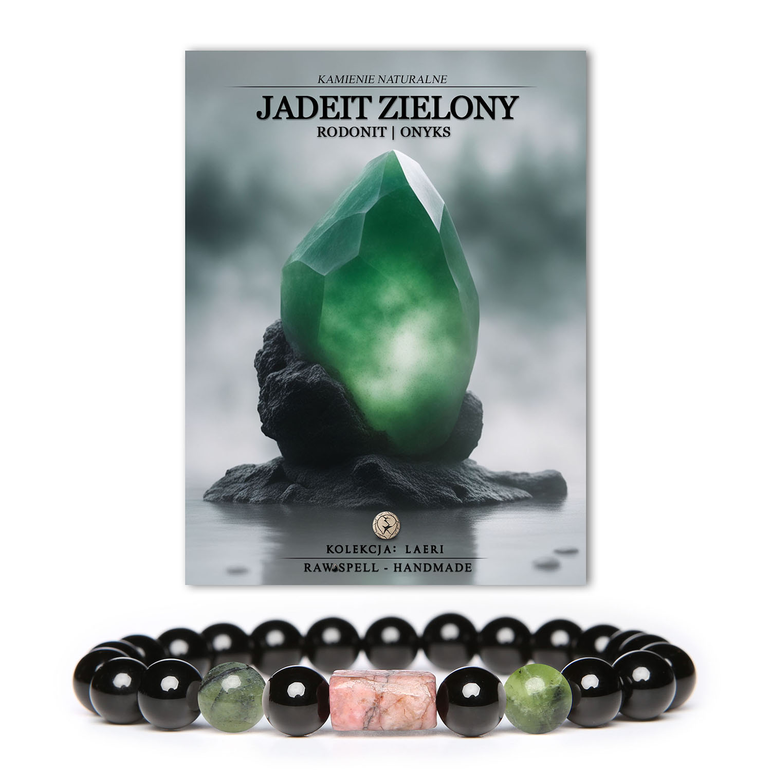 Bransoletka Laeri stworzona z kamieni naturalnych: zielony jadeit, różowy rodonit i onyks. Doskonały dodatek dla kobiet i mężczyzn.