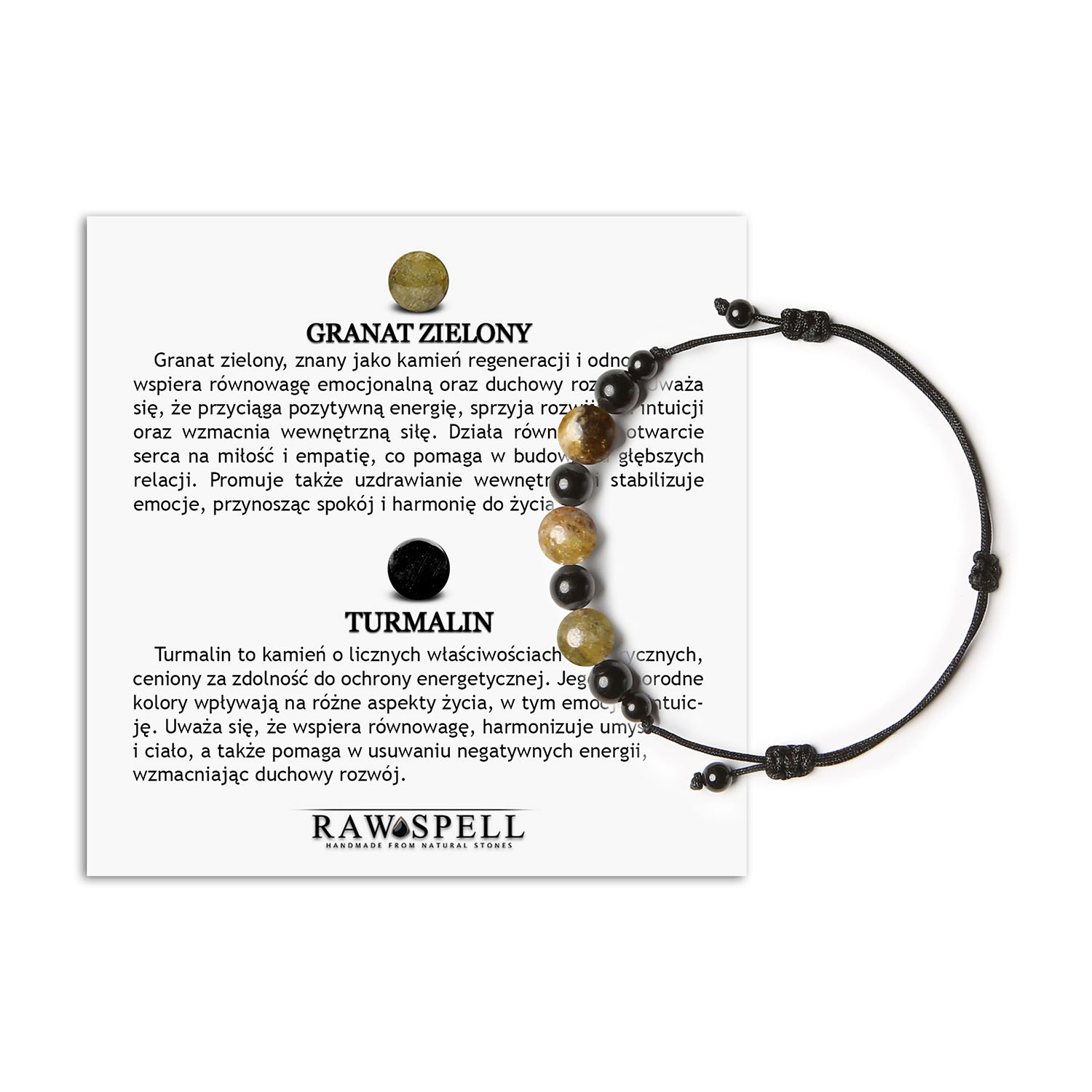 Elegancka bransoletka na sznurku z kolekcji Haka w granatowym i zielonym, z turmalinem dla wszystkich płci Uniwersalna bransoletka Haka z kamieniami naturalnymi: granat zielony i turmalin – perfekcyjny dodatek dla kobiet i mężczyzn.