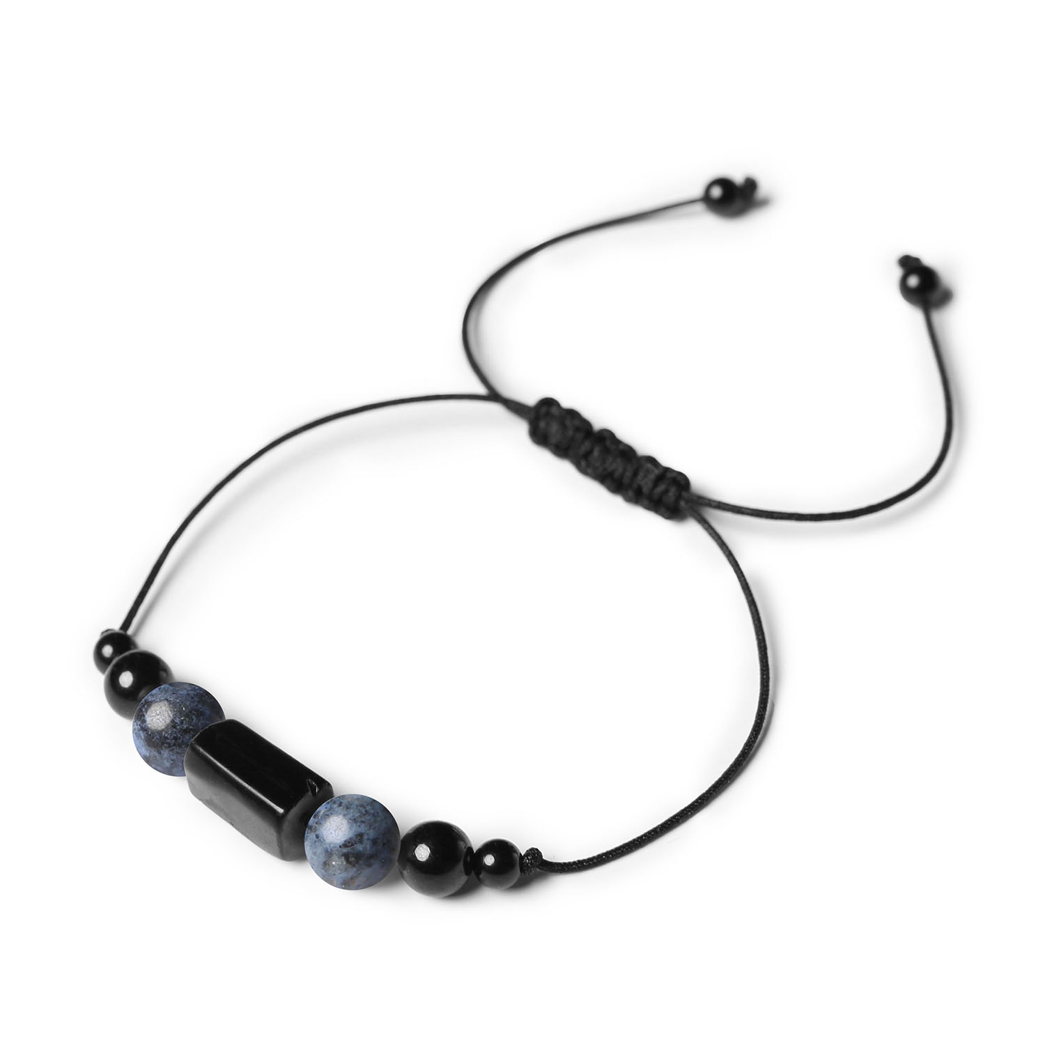 Elegancka bransoletka na sznurku z kolekcji Inare, wykonana z dumortyerytu i turmalinu, dla każdego Stylowa bransoletka z kolekcji Inare, ozdobiona dumortierytem i turmalinem, dedykowana zarówno kobietom, jak i mężczyznom.