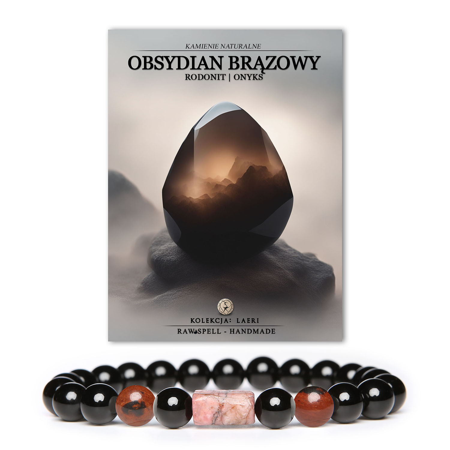 Bransoletka z kolekcji Laeri wykonana z naturalnych kamieni: brązowy obsydian, różowy rodonit i onyks, idealna zarówno dla kobiet, jak i mężczyzn.