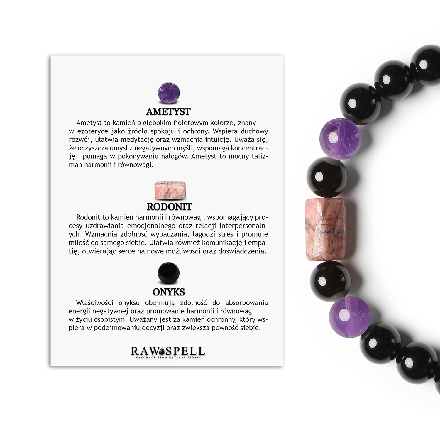 Elegancka bransoletka na sznurku z kolekcji Laeri, z ametystem, różowym rodonitem i onyksem, stworzona z myślą o kobietach i mężczyznach Elegancka bransoletka z kolekcji Laeri, wykonana z ametystu, różowego rodonitu oraz onyksu. Unikalny wybór dla kobiet i mężczyzn.