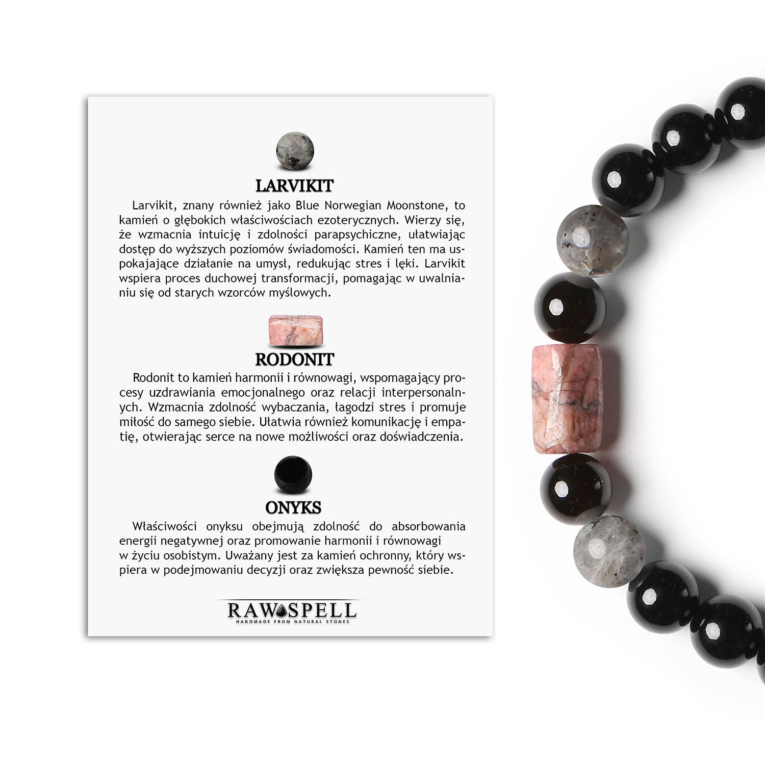 Elegancka bransoletka na sznurku z larvikitem, rodonitem i onyksem dla kobiet i mężczyzn Elegancka bransoletka z kolekcji Laeri, z larvikitu, rodonitu w kolorze różowym i onyksu, unisex dla każdego.