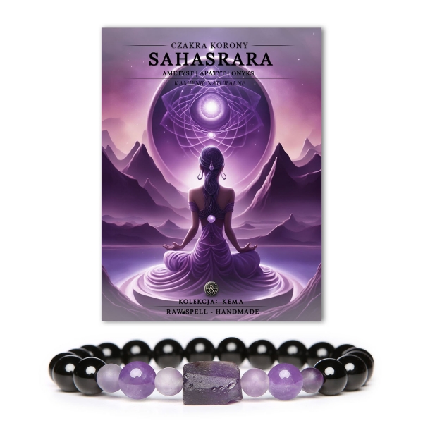 Bransoletka z naturalnych kamieni: ametyst i onyks, symbolizująca czakrę korony Sahasrara, z luksusowej kolekcji Kema.
