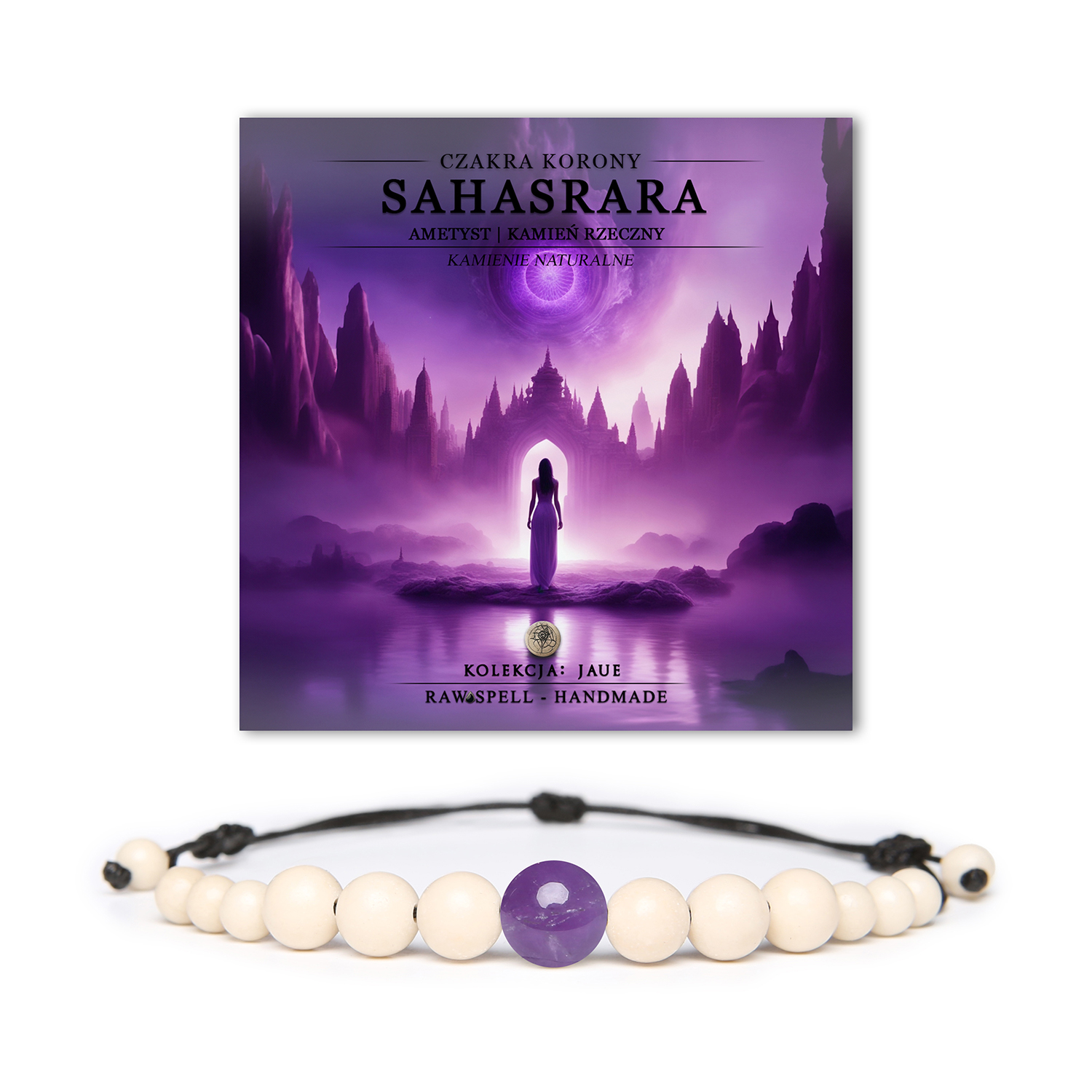 Bransoletka z kamieni naturalnych z czakrą korony Sahasrara, zdobiona ametystem oraz kamieniem rzecznym, idealna na każdą okazję.