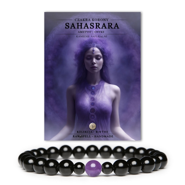 Bransoletka z naturalnych kamieni, łącząca ametyst i onyks, wspierająca czakrę korony Sahasrara. Kolekcja Binthe, pełna harmonii i energii.