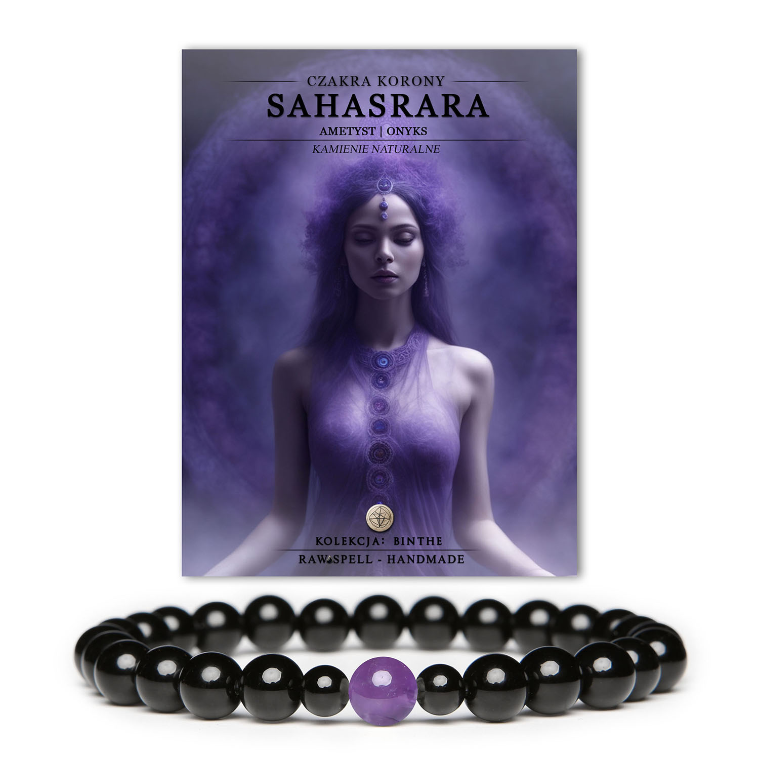 Bransoletka z naturalnych kamieni, łącząca ametyst i onyks, wspierająca czakrę korony Sahasrara. Kolekcja Binthe, pełna harmonii i energii.