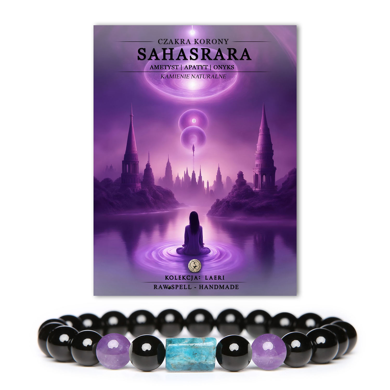 Bransoletka z naturalnych kamieni: ametyst i onyks, reprezentująca czakrę korony Sahasrara, z kolekcji Laeri.