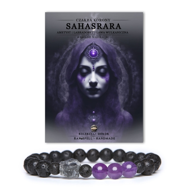 Bransoletka z naturalnych kamieni: ametyst i labradoryt, symbolizująca czakrę korony Sahasrara, z kolekcji Derdr, otulająca energią.