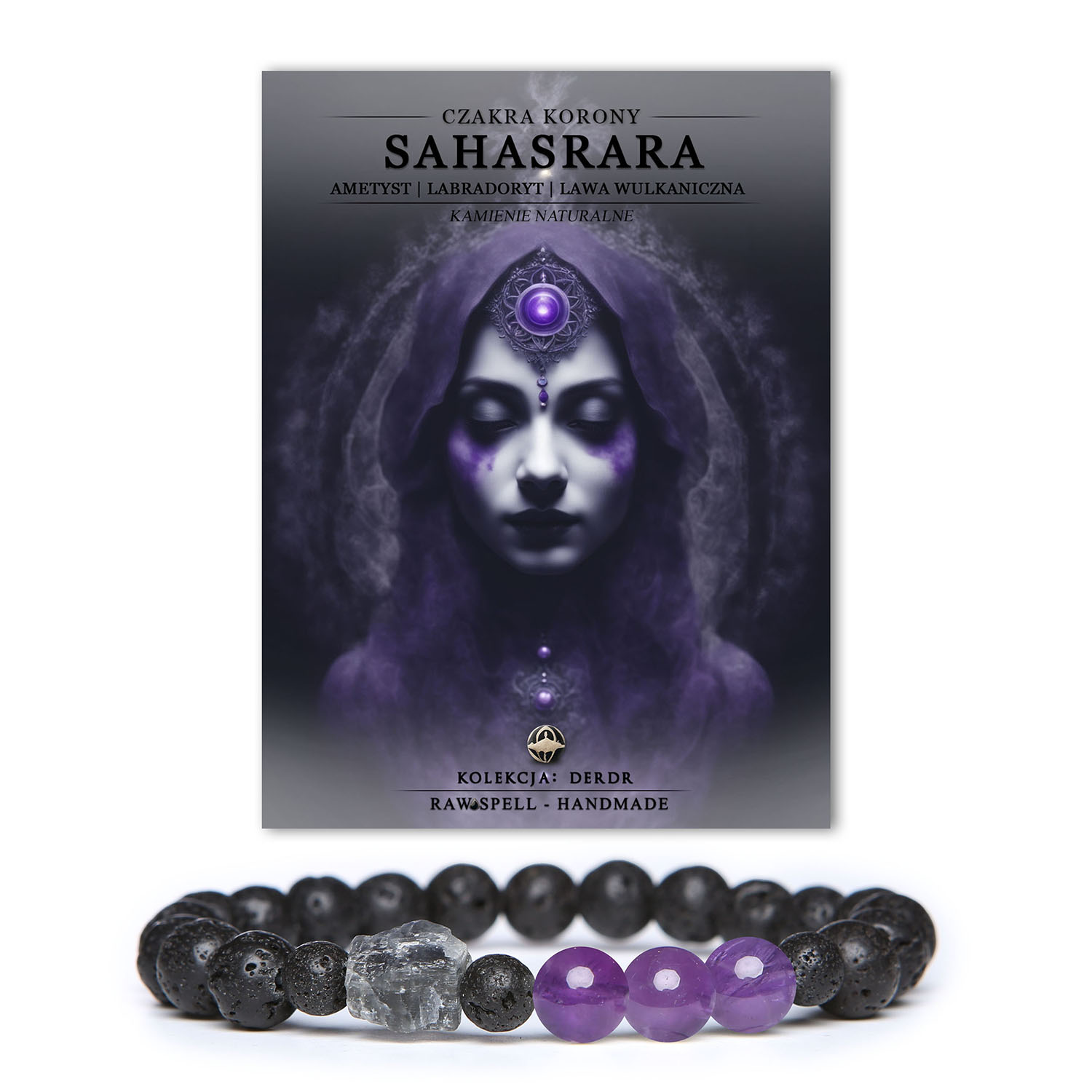 Bransoletka z naturalnych kamieni: ametyst i labradoryt, symbolizująca czakrę korony Sahasrara, z kolekcji Derdr, otulająca energią.