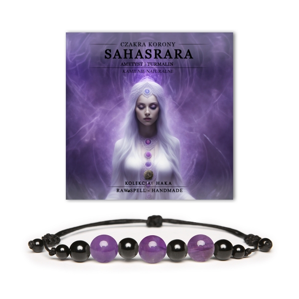 Bransoletka z naturalnych kamieni, przyciągająca energię czakry korony Sahasrara, ozdobiona ametystem i turmalinem. Kolekcja Haka w wyjątkowym stylu.