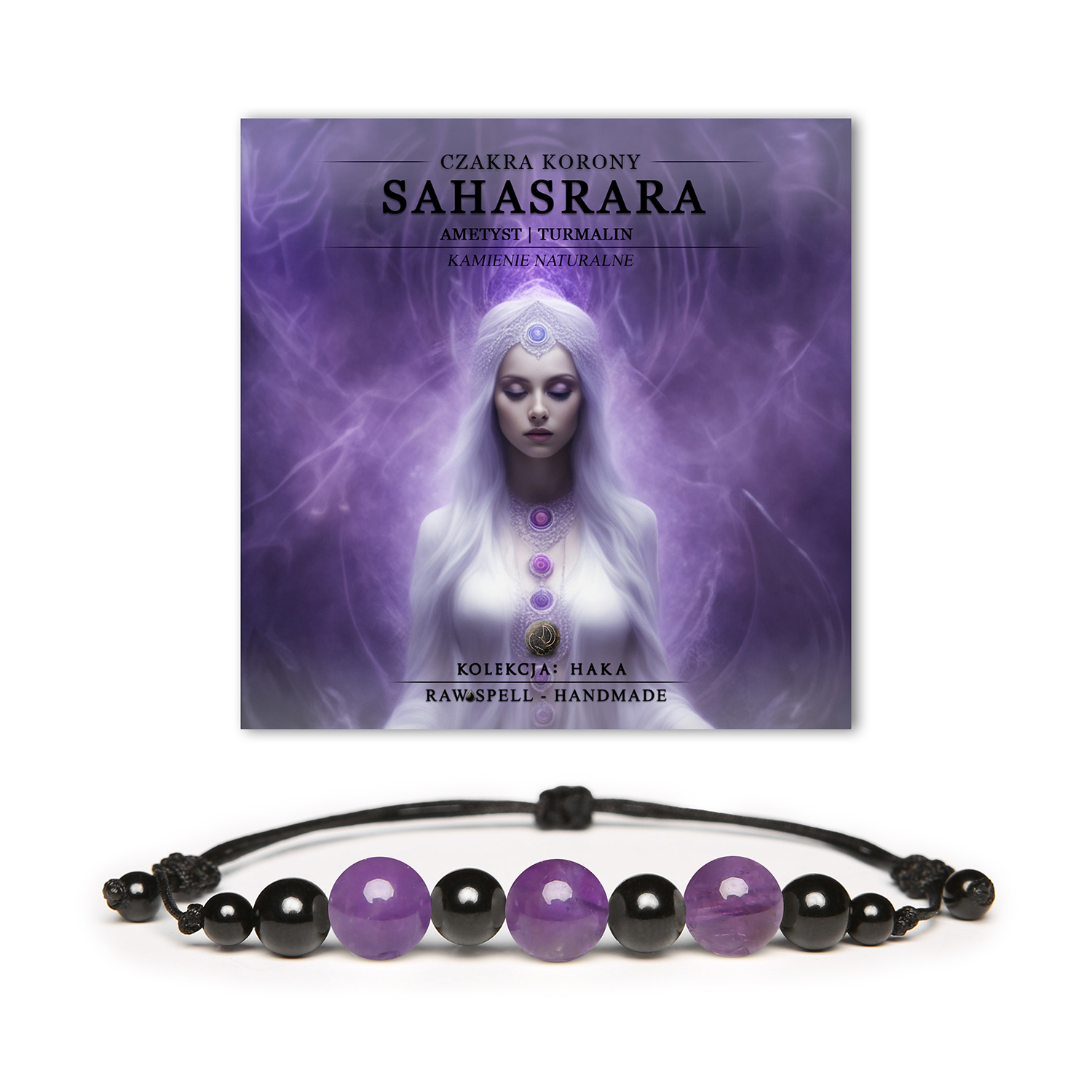 Bransoletka z naturalnych kamieni, przyciągająca energię czakry korony Sahasrara, ozdobiona ametystem i turmalinem. Kolekcja Haka w wyjątkowym stylu.