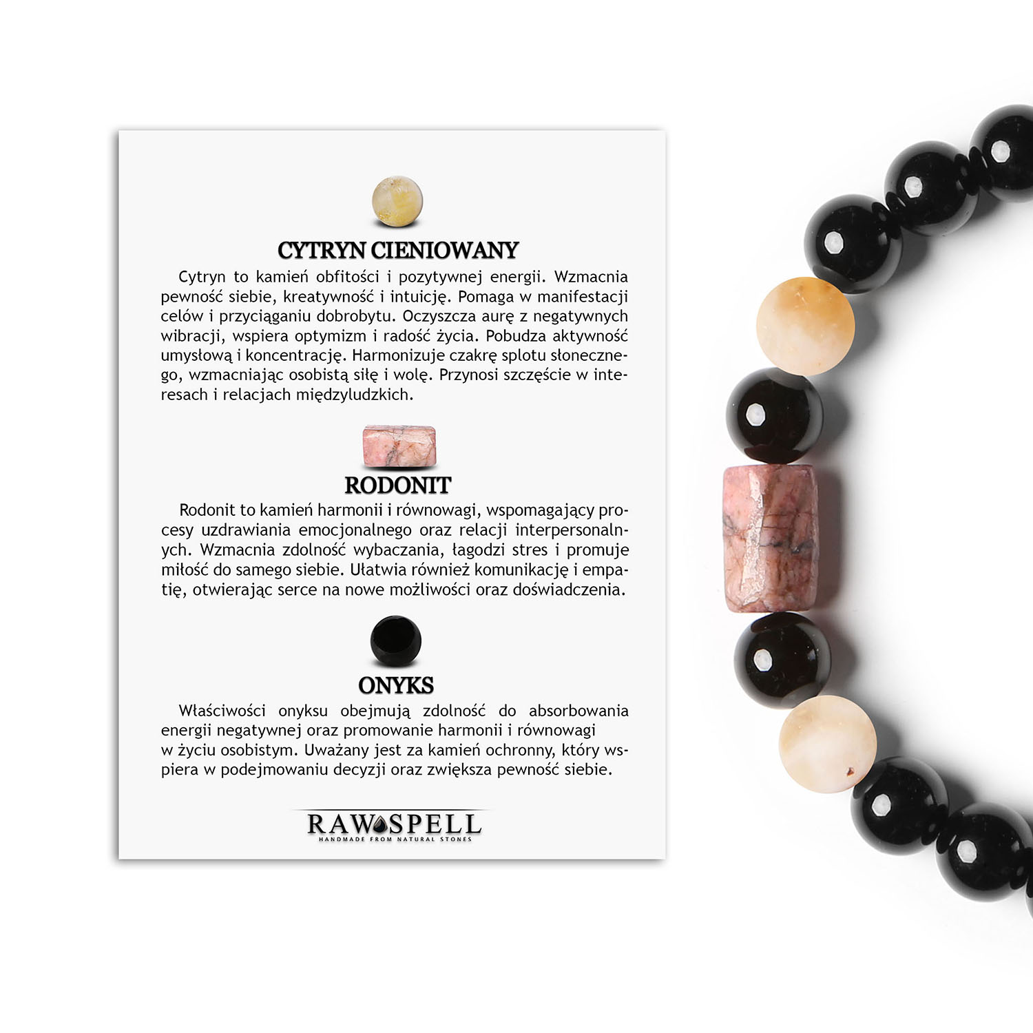 Elegancka bransoletka z cytrynem cieniowanym, rodonitem w kolorze różowym i onyksami z kolekcji Laeri, stworzona dla kobiet i mężc Bransoletka z kolekcji Laeri, zdobiona Rodonitem w kolorze różowym.