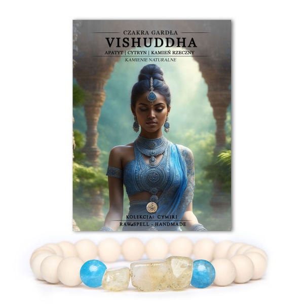 Ręcznie robiona bransoletka z naturalnych kamieni - czakra gardła Vishuddh z apatytu, cytrynu i kamienia rzecznego z wyjątkowej kolekcji Cymiri.