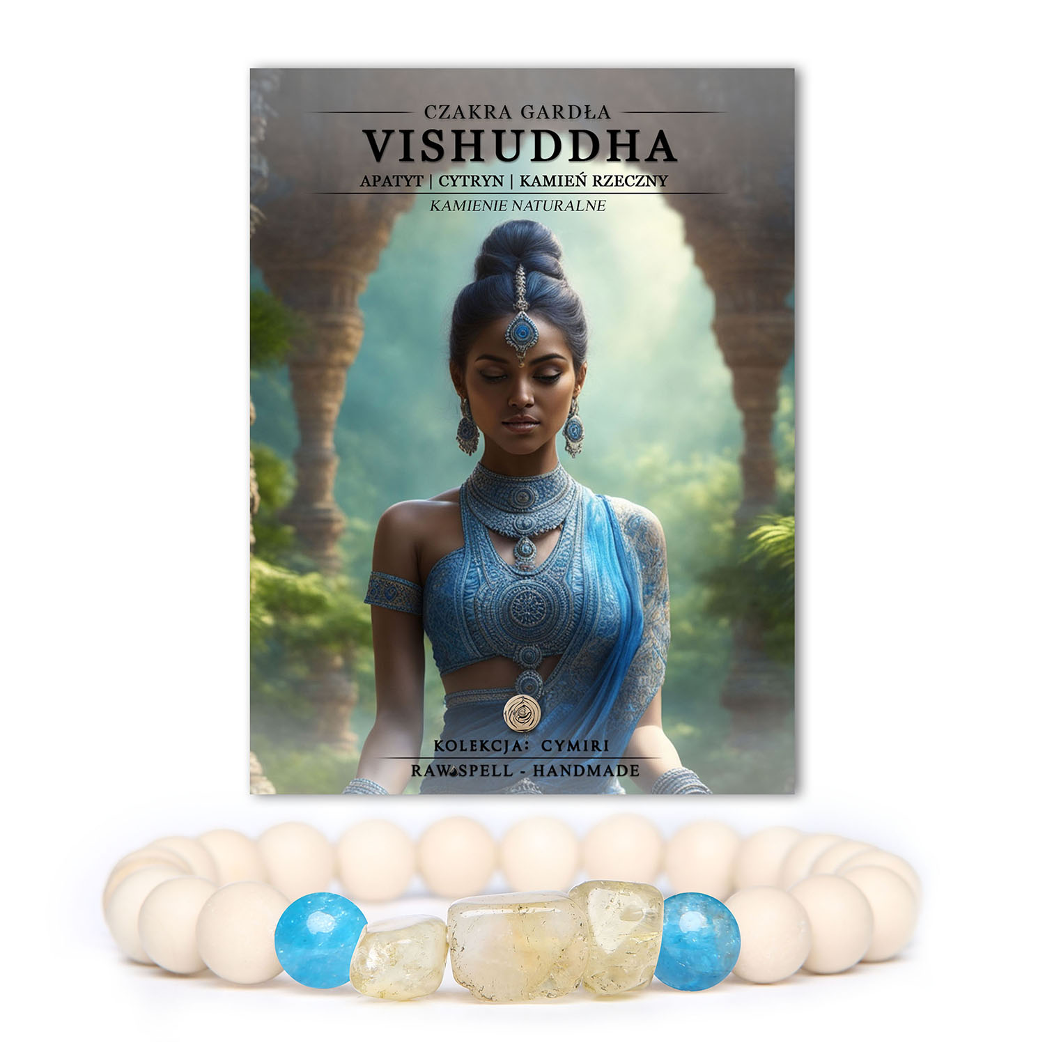 Ręcznie robiona bransoletka z naturalnych kamieni - czakra gardła Vishuddh z apatytu, cytrynu i kamienia rzecznego z wyjątkowej kolekcji Cymiri.