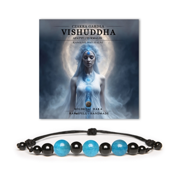 Bransoletka Haka z naturalnych kamieni, zawierająca czakrę gardła Vishuddh i kamień Apatyt, wzmocniona energetycznym turmalinem.