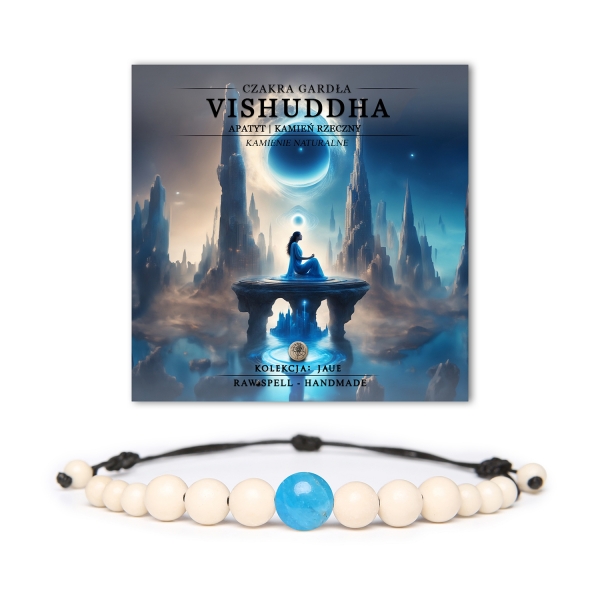 Bransoletka z naturalnych kamieni, czakra gardła Vishuddh, z apatytu i kamienia rzeczny, z kolekcji Jaue - symbol harmonii i ekspresji.