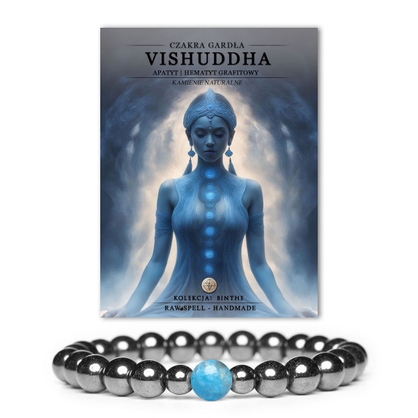 Bransoletka z naturalnych kamieni, w tym apatytu i hematytu grafitowego, symbolizująca czakrę gardła Vishuddha. Kolekcja Binthe.